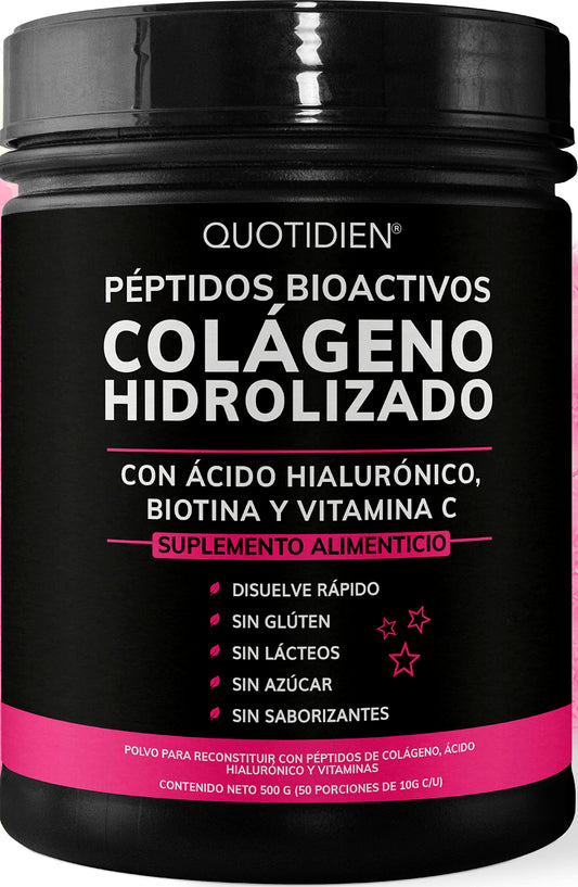 Suplemento Alimenticio Quotidien Péptidos Bioactivos Colageno Hidrolizado de Disolución Rápida Sin Azúcar para Piel y Uñas