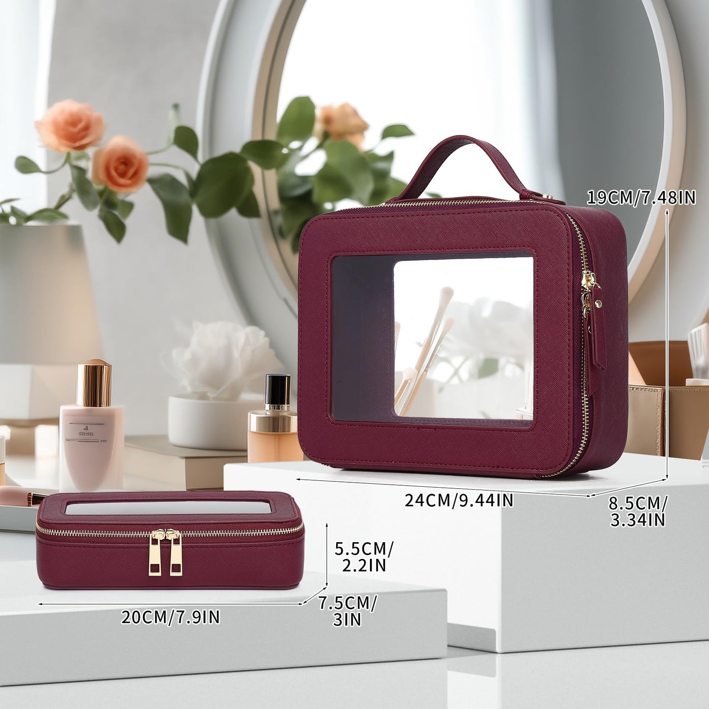 Pinkmik - Bolsa de maquillaje transparente con bolsa para brochas, 2 unidades, impermeable, para cosméticos y artículos de cambiador, organizador de cosméticos para mujer con cierre, X/Borgoña, L+SLIM