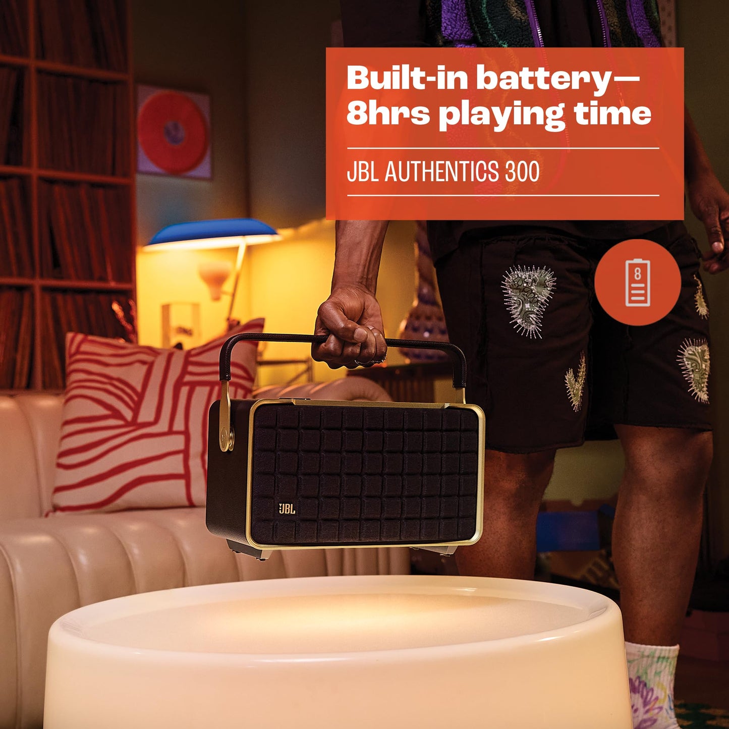 JBL Authentics 300 Bocina Portátil Wi-Fi/Bluetooth, 100W de Potencia, Reproducción 8 Horas, Asistentes de Voz - Negro
