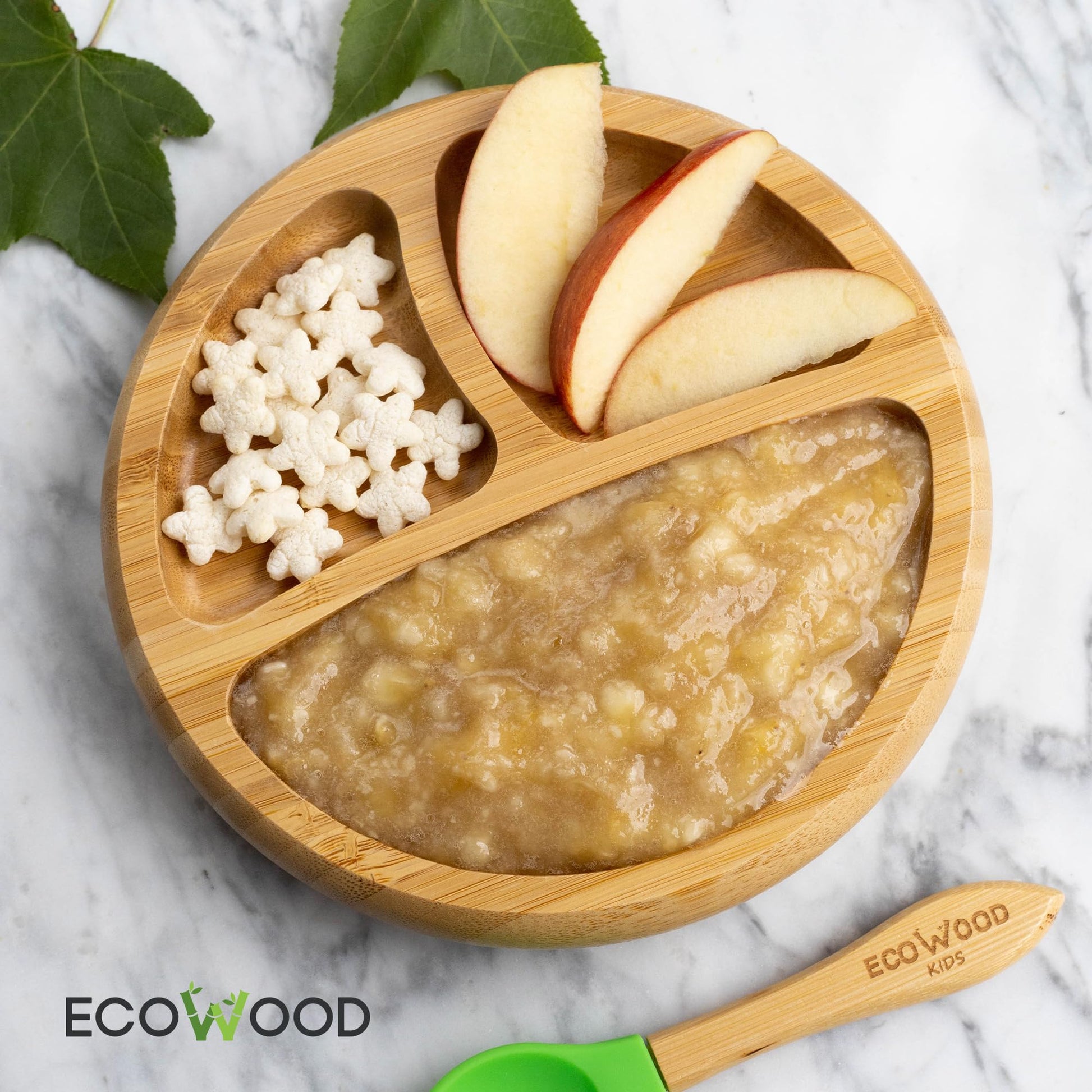 Ecowood Plato Extendido de Bambú con Divisiones para Bebe y Niño Con Base de Silicona Succión Adherente y Antiderrapante - Plato para Bebé y Niño Incluye Cuchara de Bambú Color Verde
