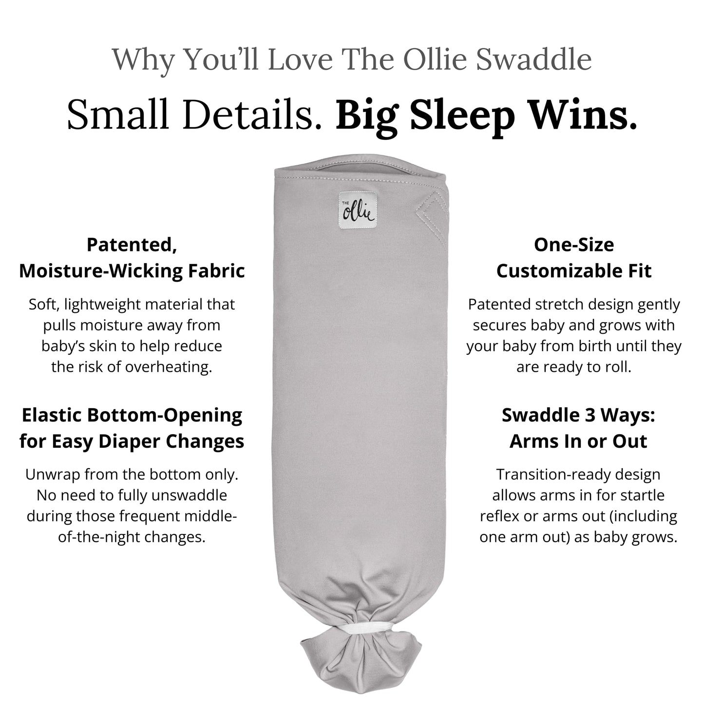 The Ollie Swaddle - Ayuda a reducir el reflejo de Moro (Startle) - Hecho de un material de diseño personalizado que absorbe la humedad (piedra)