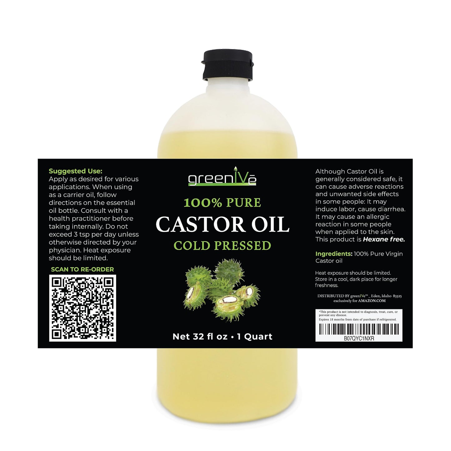GreenIVe – 100% puro aceite de ricino – prensado en frío – libre de hexano – exclusivamente en Amazon … (32 oz)