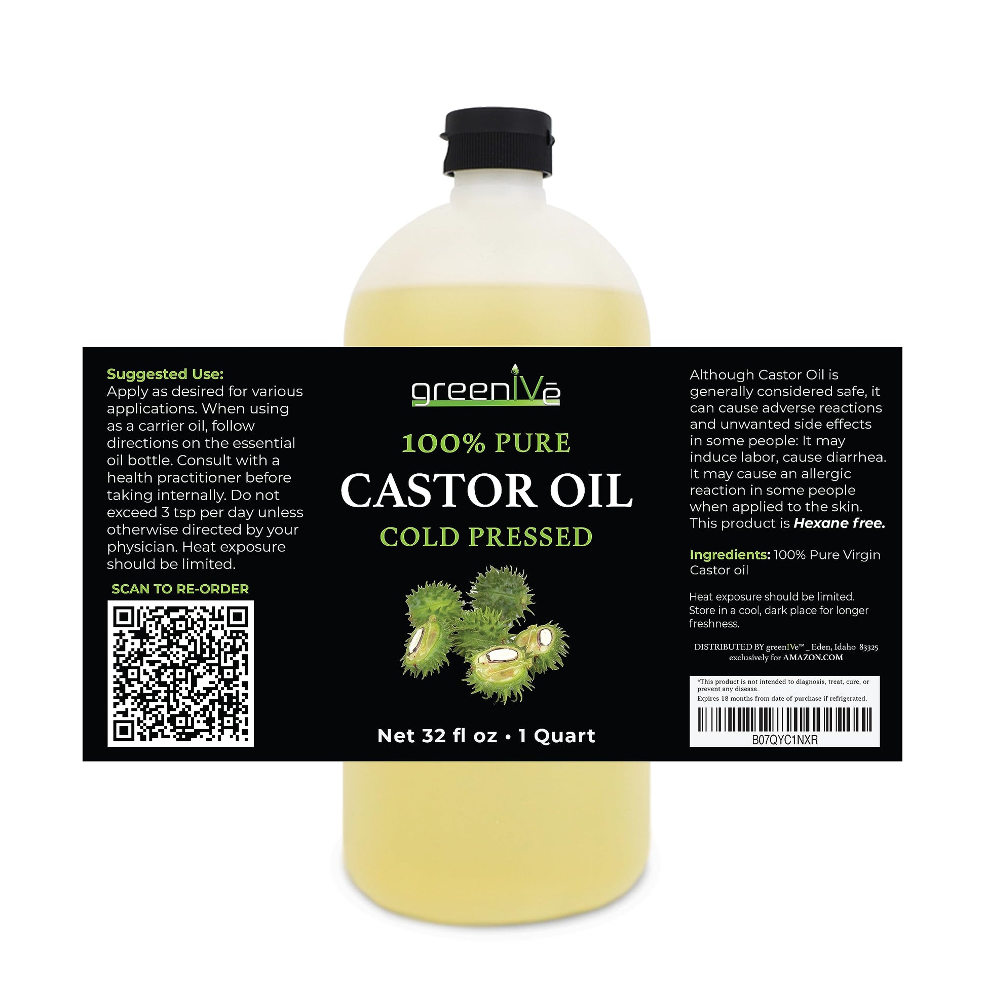 GreenIVe – 100% puro aceite de ricino – prensado en frío – libre de hexano – exclusivamente en Amazon … (32 oz)