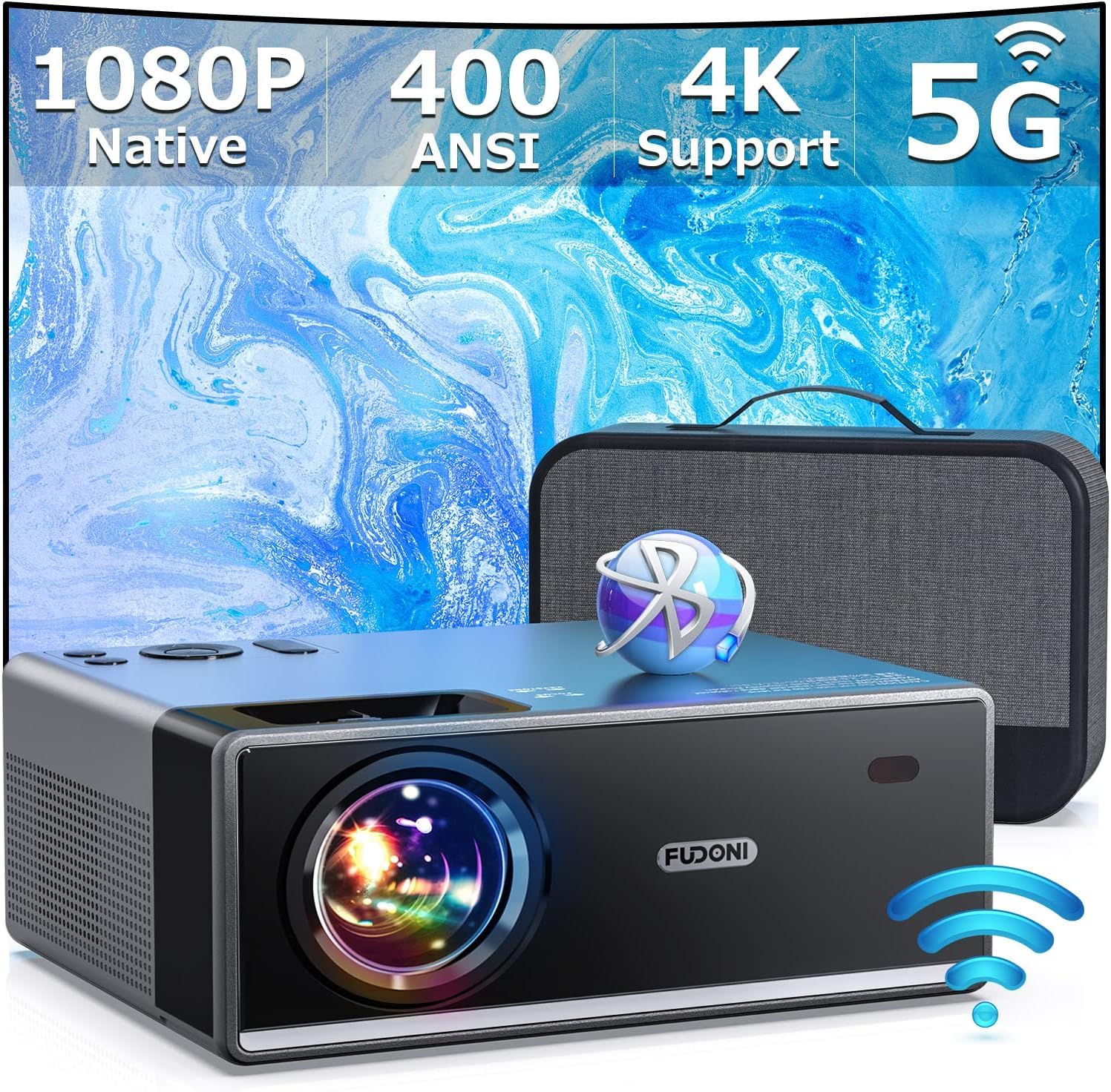 FUDONI Proyector con WiFi 5G y Bluetooth, proyector 1080P 18000L para exteriores con HDMI y USB, función de zoom de visualización máxima de 300 pulgadas para películas y juegos, compatible con TV
