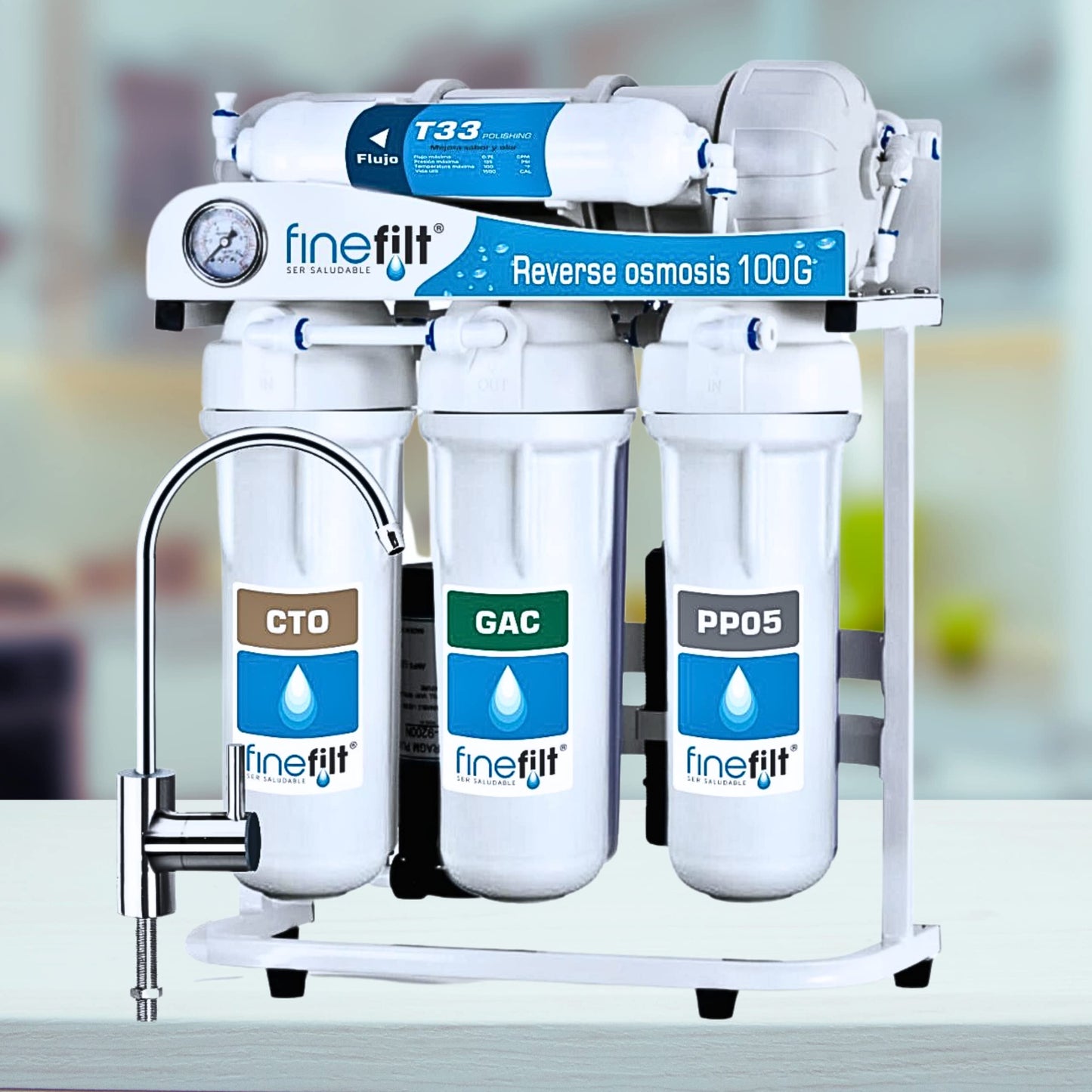 FINEFILT | Purificador de agua de Osmosis Inversa | Filtro Purificador de Agua para casa | hasta 100 galones por dia | Agua segura ya que Elimina Bacterias,Cloro, Metales Pesados y dureza