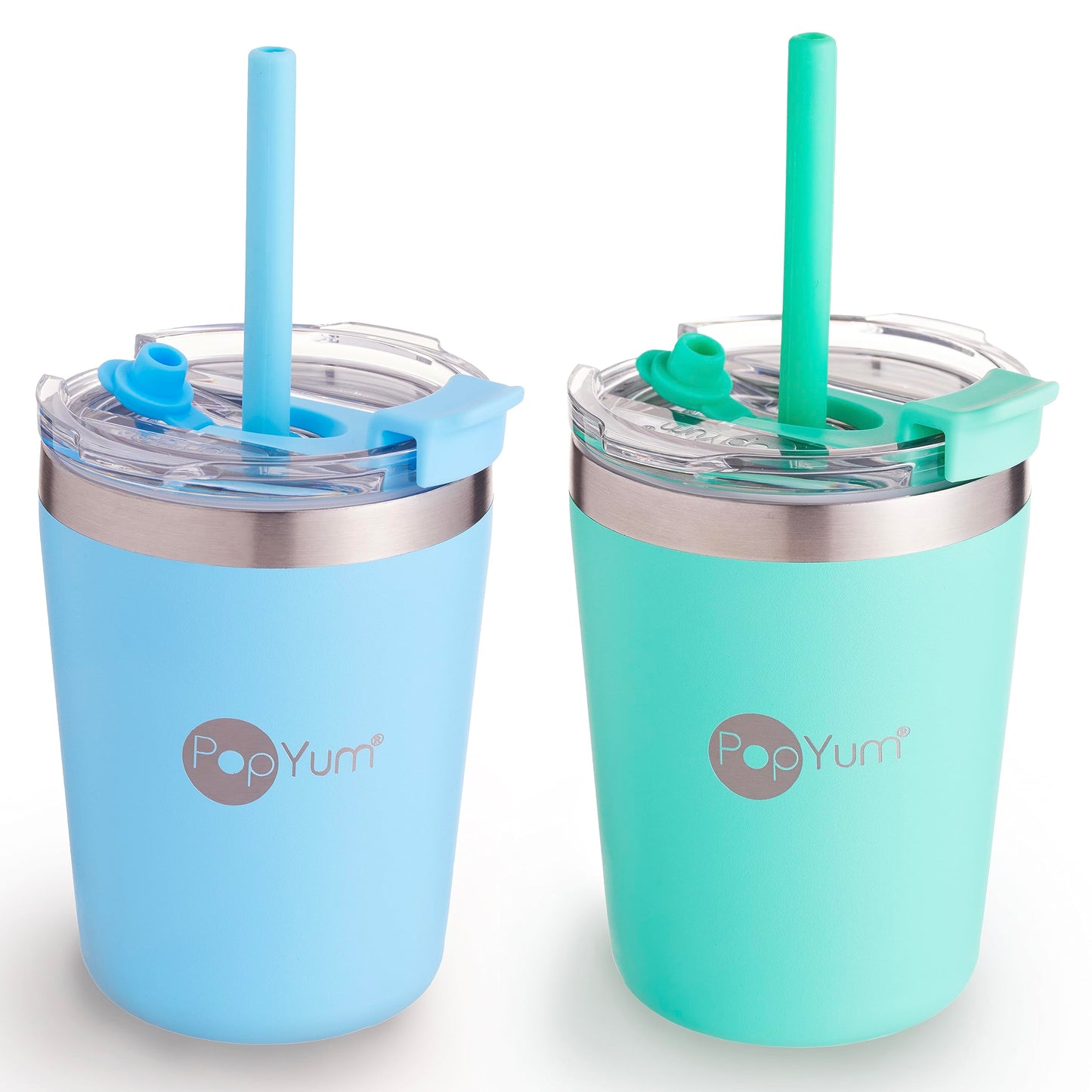 PopYum Vasos Térmicos de Acero Inoxidable de 9 onzas con tapa y popote, Paquete de 2, anti derrame, apilables, para bebés y niños pequeños, de triple pared y sin BPA. Azul y Verde
