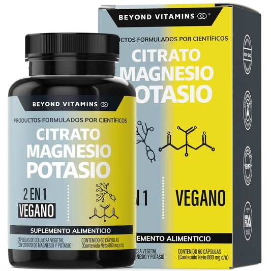 Citrato de Magnesio + Citrato de Potasio | 1334 mg de citrato de magnesio y citrato de potasio | Adicionados con Platano en Polvo, Curcuma y Arroz | Cápsulas sin rellenos | Vegano | Citrate Magnesium + Potassium Citrate-60 cápsulas