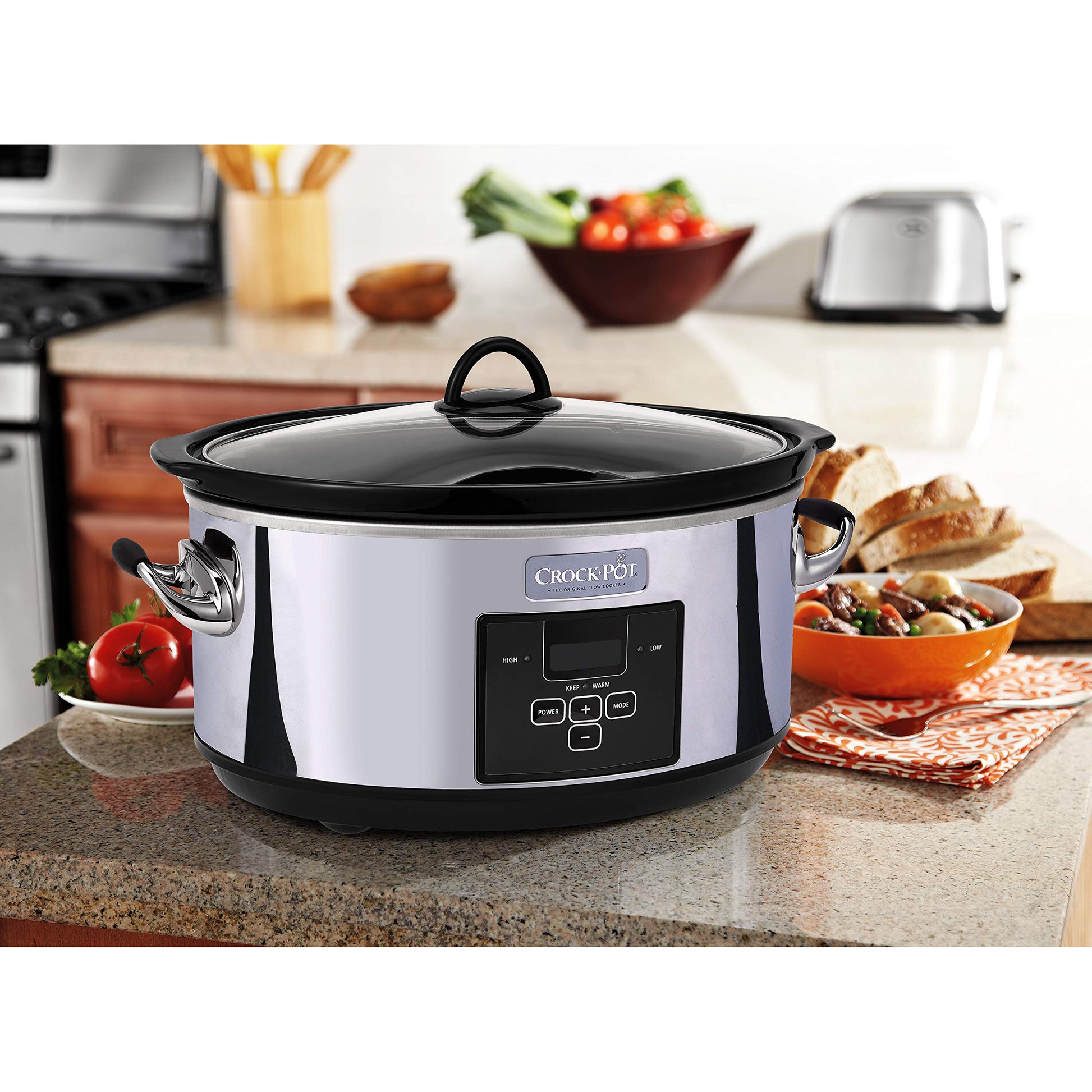 Crock-Pot - Olla de cocción lenta programable de 7 cuartos con temporizador digital, calentador de alimentos, platino pulido, perfecta para comidas diarias y entretenimiento