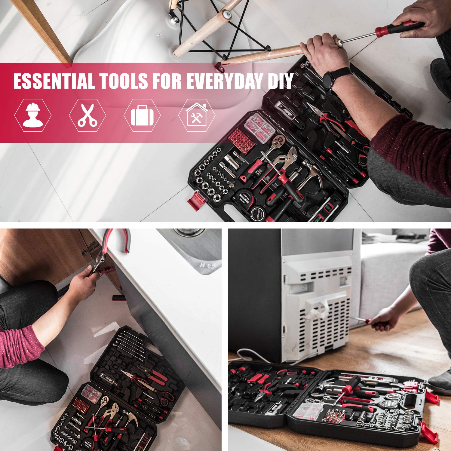 Eastvolt - Kit de herramientas para el hogar, juego de herramientas de reparación automática, kits de herramientas para propietario de casa, alicates, juego de destornilladores, kit de enchufes y caja