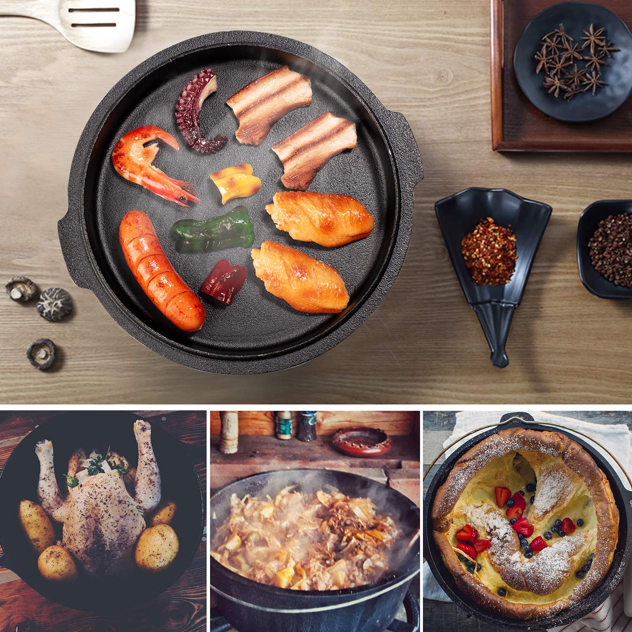 Overmont Camp - Tapa de hierro fundido presazonada para horno holandés, también una cacerola con elevador de tapa, para camping, cocina, barbacoa, hornear, 6 cuartos (olla + tapa)
