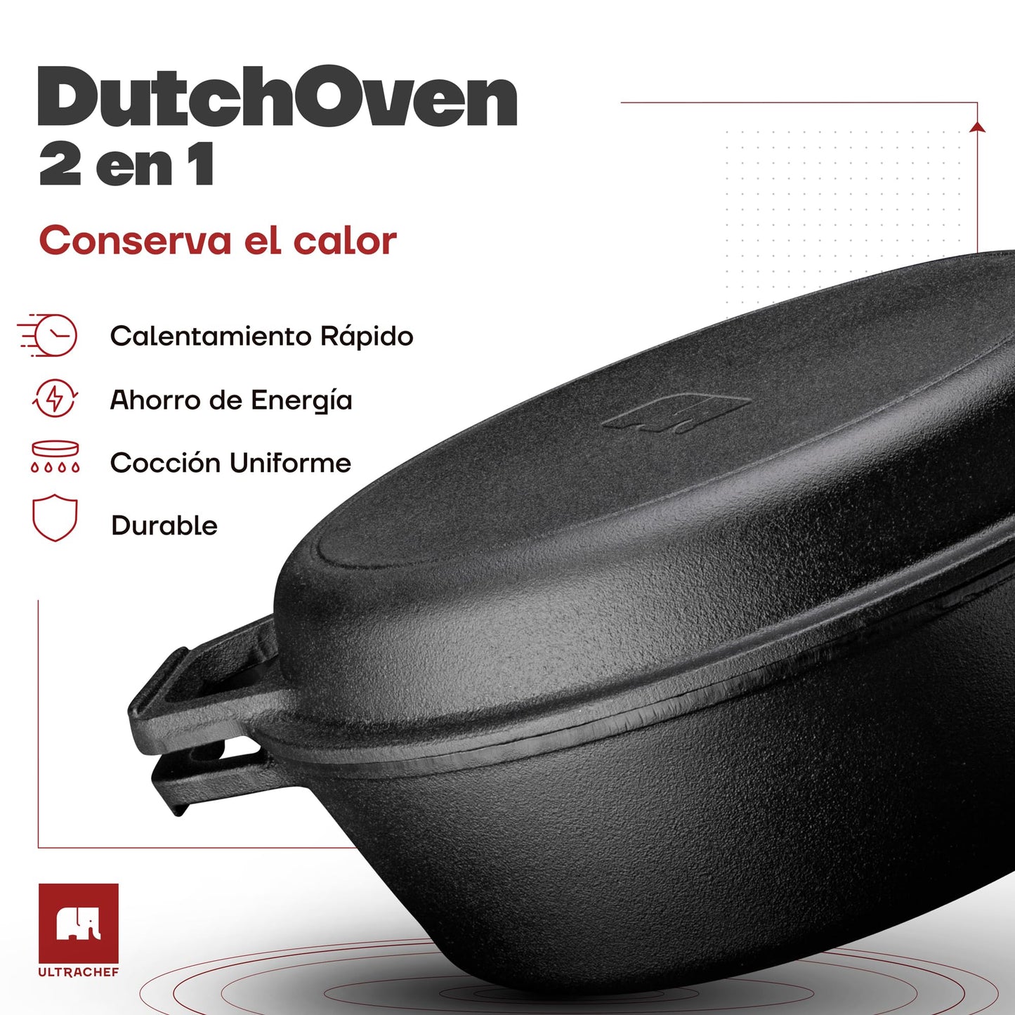 ULTRACHEF Olla de Hierro Fundido 2 en 1 para Estufa y Horno | Horno Holandés y Sartén de Hierro Fundido con Asa y Mango | Dutch Oven | Tamaño 26 cm, Capacidad 2.8 Litros