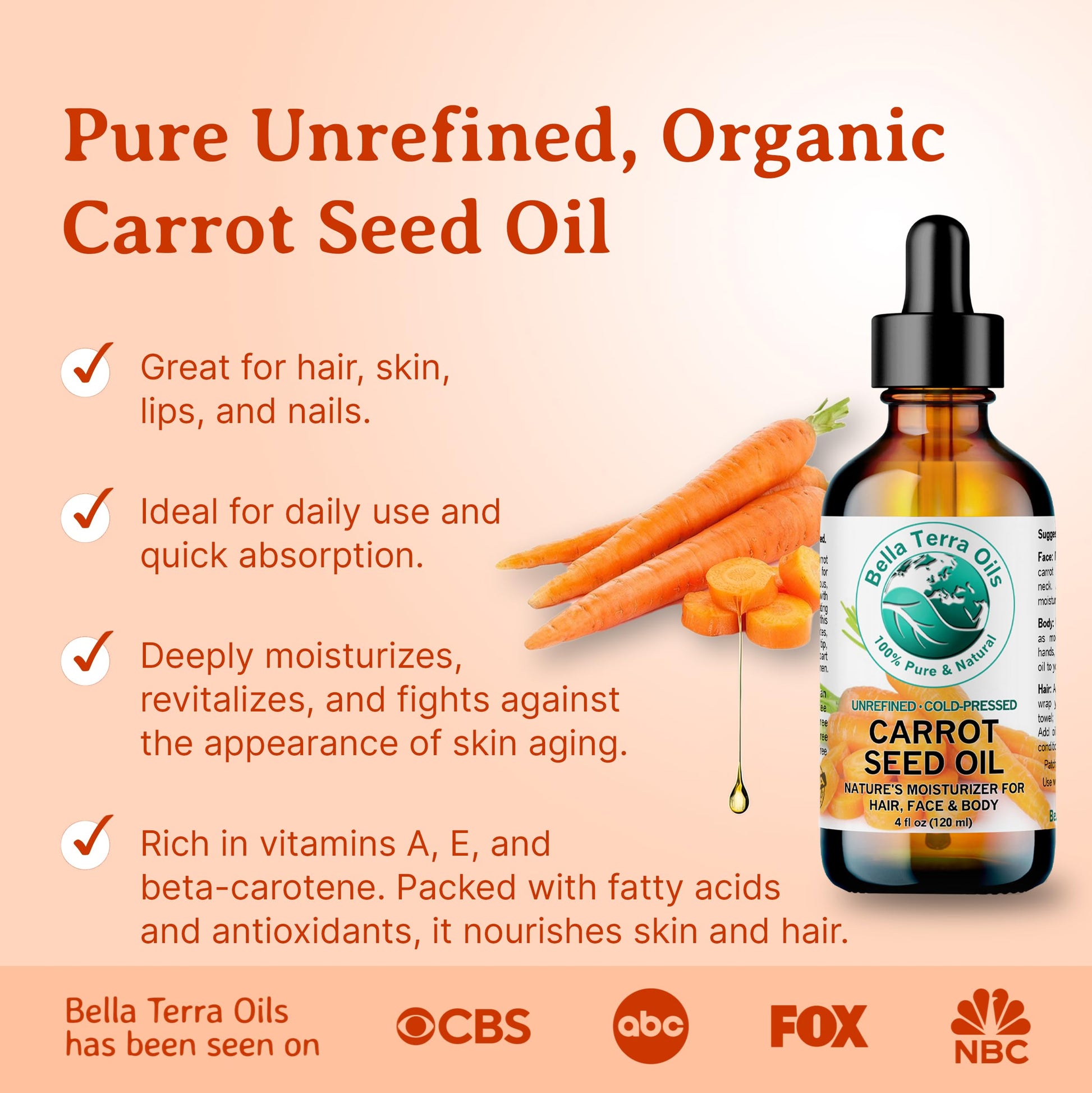 Carrot Seed Carrier Oil 2 oz 100% Pure Cold-pressed Unrefined Organic - Bella Terra Oils