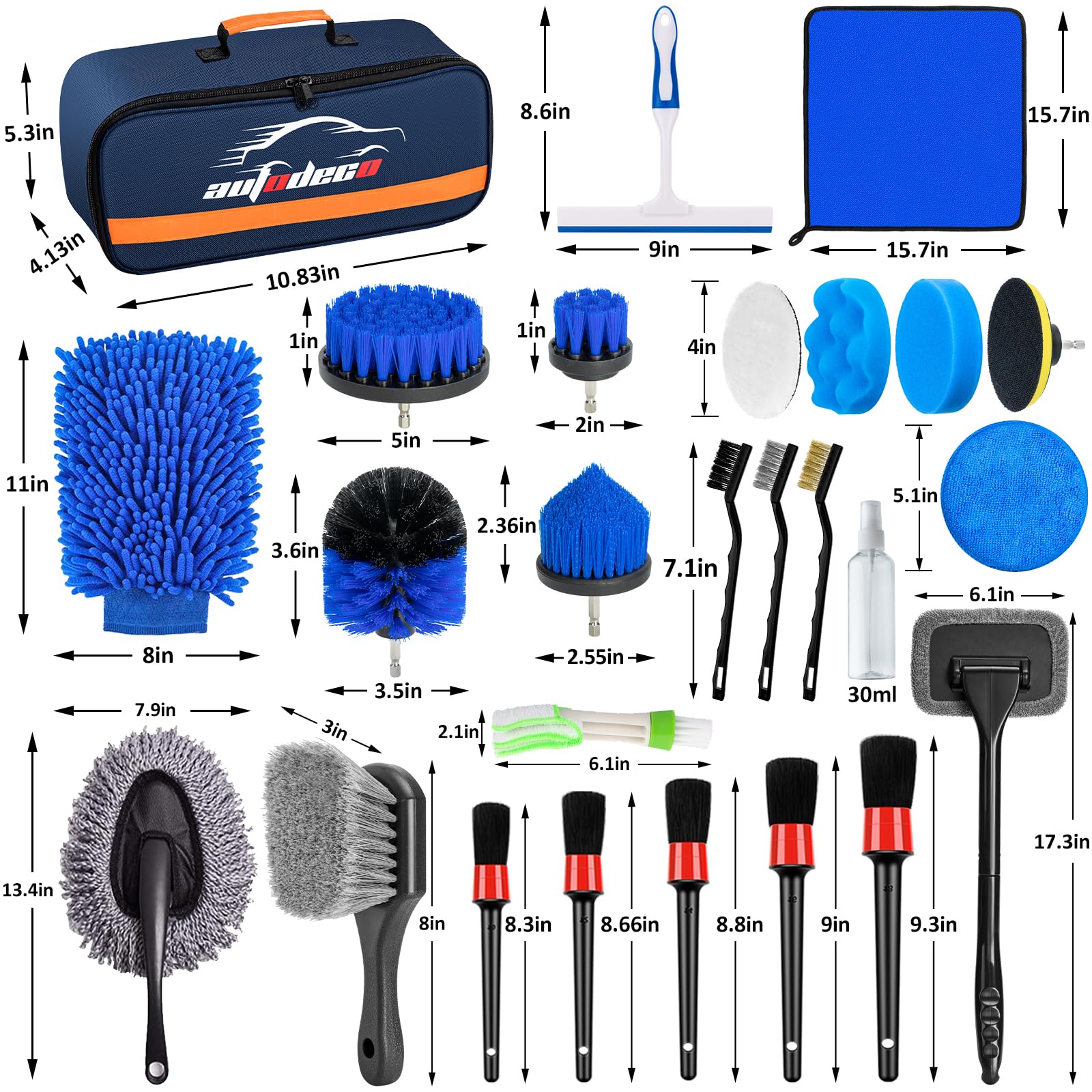 AUTODECO - Juego de 27 cepillos para detalles de coche, kit de detalles de coche, juego de cepillos de taladro para detalles automáticos, kit de herramientas de limpieza de lavado de automóviles para interiores, exteriores, ruedas, azul