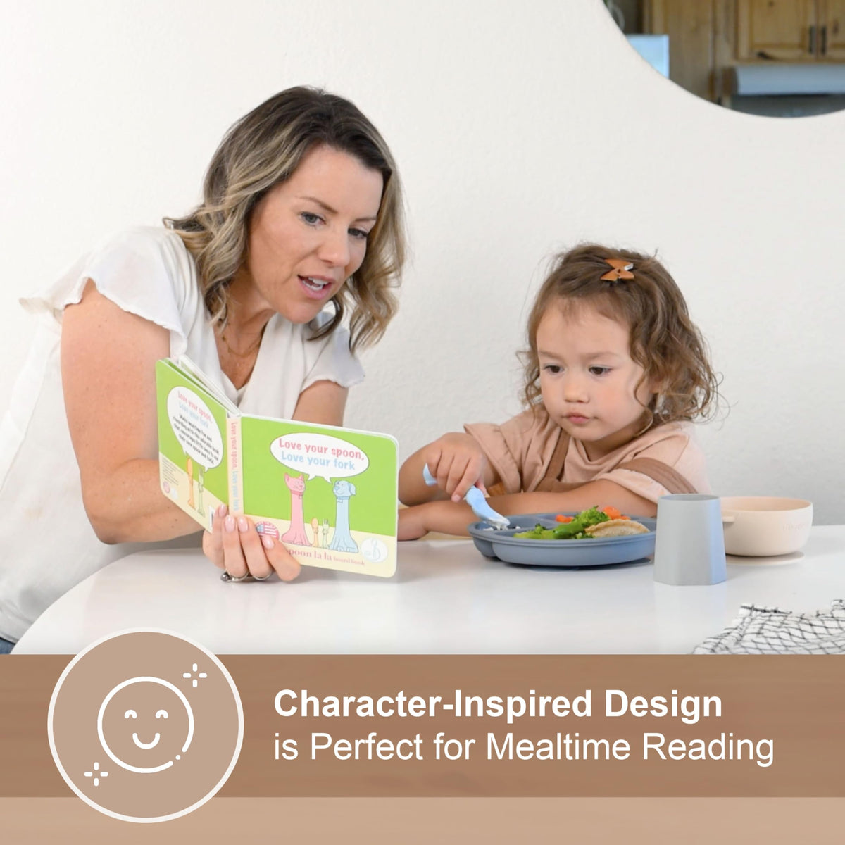 Spoon la la - Juego de utensilios para niños pequeños (2 unidades) y libro de tabla para bebés, cuchara y tenedor para niños pequeños de 1 a 3, asas 3D autónomas para gatos y perros, sin BPA, apto