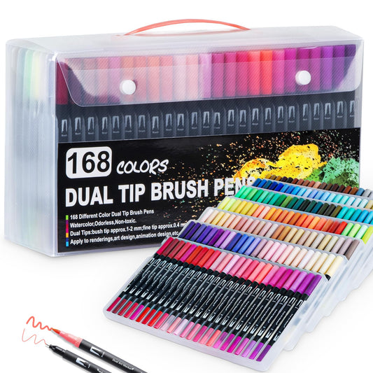 CROSPIN 168 Colores Plumones Punta de Pincel, Rotuladores de Dibujo con Doble Punta, 0.4mm, 1-4mm, Rotuladores Acuarelables No Toxica, Regalo para Colorear Libro, Caligrafia, Lettering