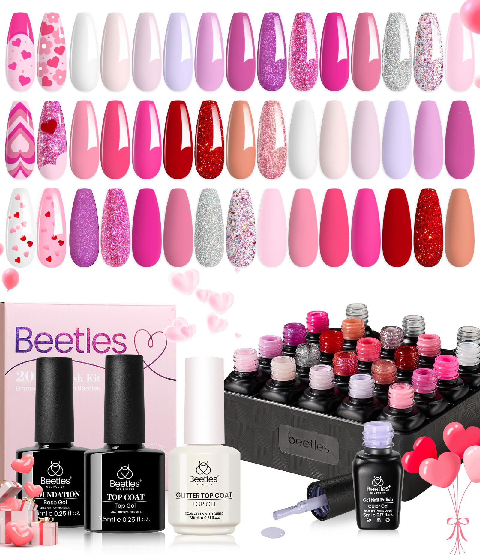 Beetles - Juego de esmalte de uñas en gel rosa, 20 colores, colección Alluring Sweetie, color nude, morado, purpurina, rojo, kit de manicura en gel ultravioleta con base, capa superior brillante y mate, regalo