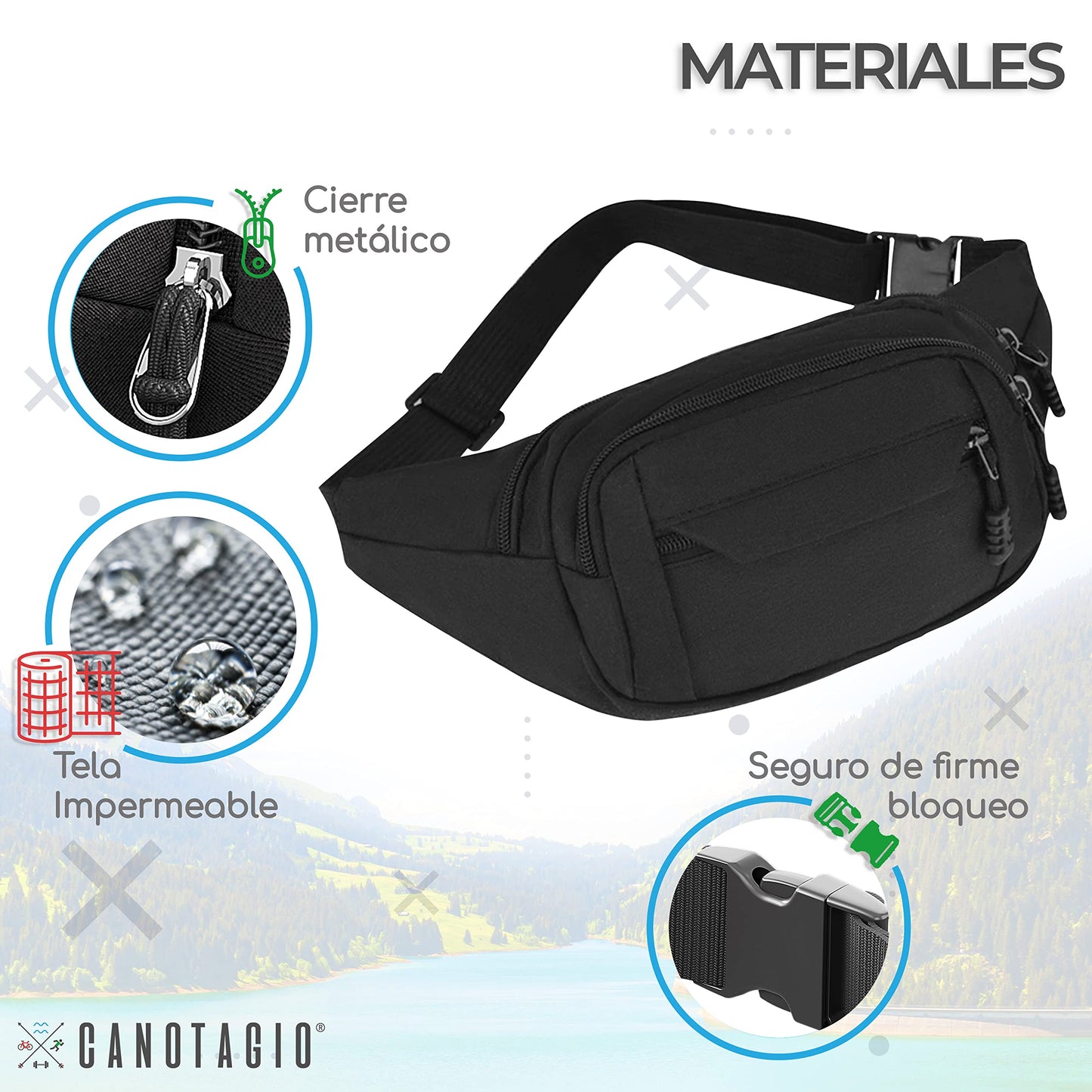 Canotagio Cangurera Deportiva de Viaje con Tela Impermeable de Amplia Capacidad. Para Hombre y Mujer. Excelente Riñonera de Viaje Ajustable. Fanny Pack/Running Belt/Travel Pouch. (Negro)