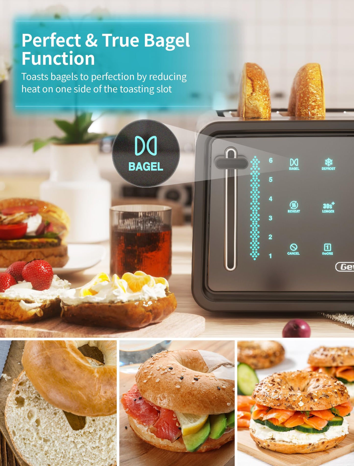 Gevi tostador de 4 rodajas, visualización LED táctil tostador de bagel con paneles de control dual de bagel/recalentamiento/descongelación/cancelación/tostado una rebanada/función más larga, ajuste de 6 tonos
