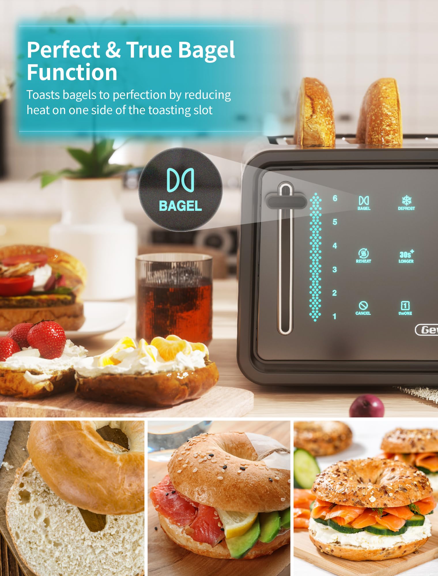 Gevi tostador de 4 rodajas, visualización LED táctil tostador de bagel con paneles de control dual de bagel/recalentamiento/descongelación/cancelación/tostado una rebanada/función más larga, ajuste de 6 tonos