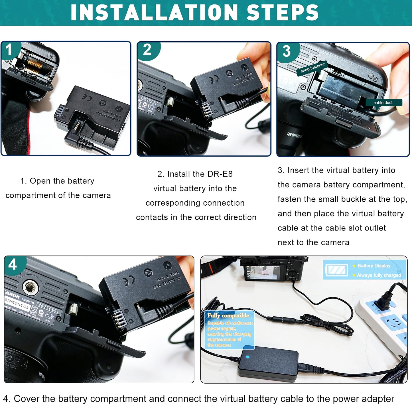 HY1C ACK-E8 Adaptador de corriente CA DR-E8 Acoplador DC Kit de batería simulada