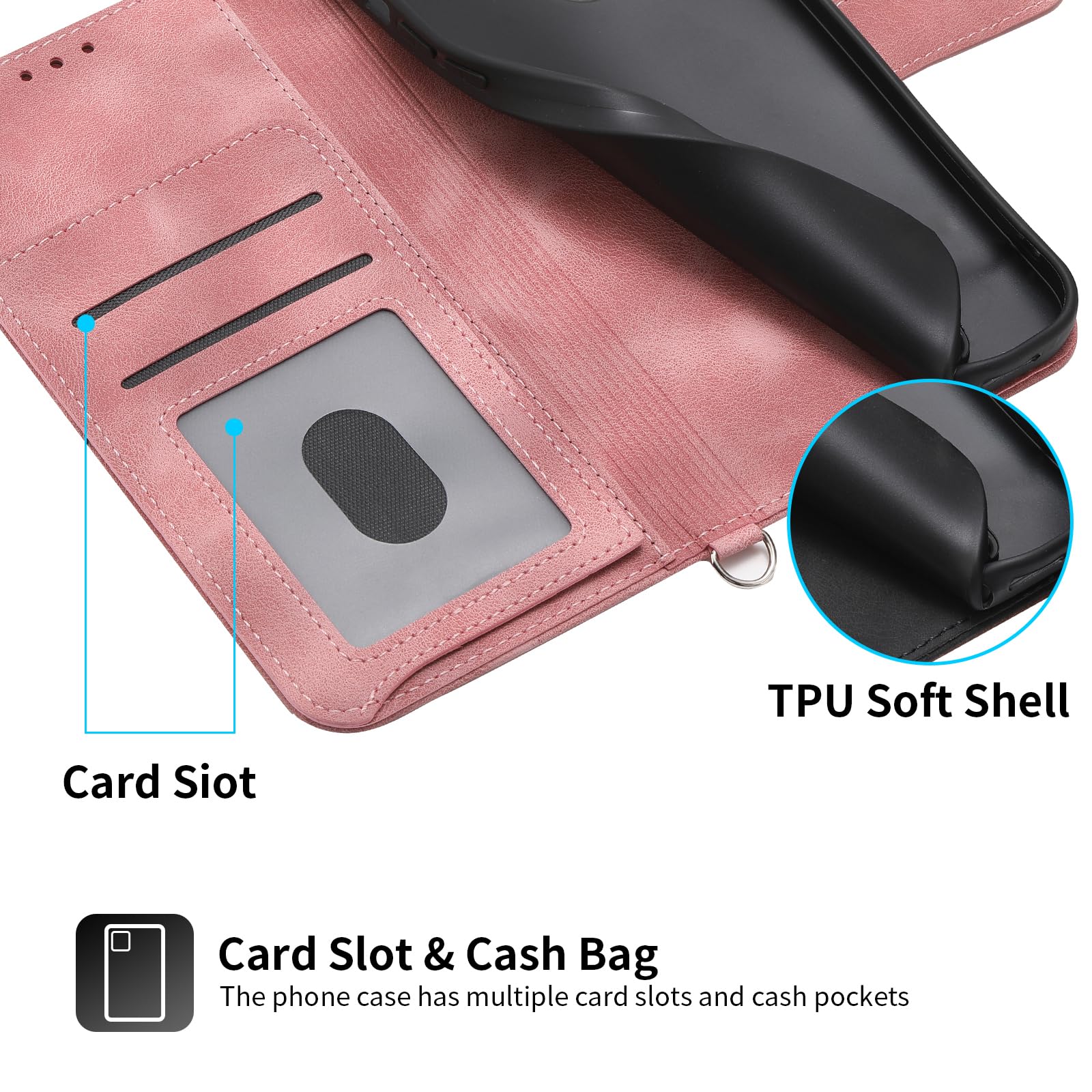 Auslbin Funda para Xiaomi Poco M5S 4G 6.43"/Poco M5S /Note 10/10S 4G Case Ranura de 5 Tarjetas con función de Soporte y cordón Cover Movil Protectora de Cuero PU Carcasa Rosa