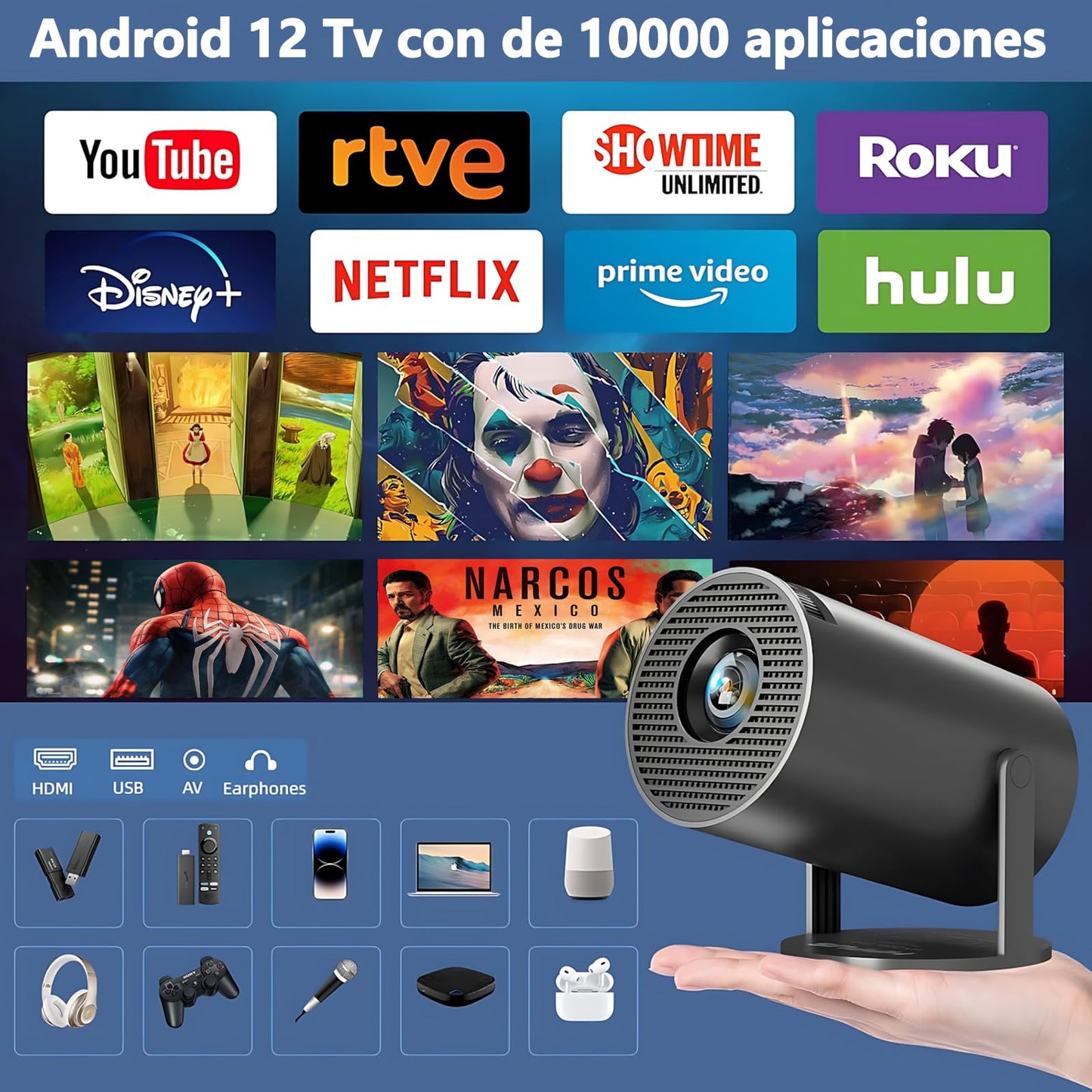 TECWCAW 2025 Mini Proyector Portátil 4K/1080P,Proyector con 10000 Aplicaciones, Android 12 Soporte Multilenguaje Sistema,Pantalla de 130 Pulgadas,WiFi 6 Bluetooth 5.3 (2026 HY300 Pro Negro)