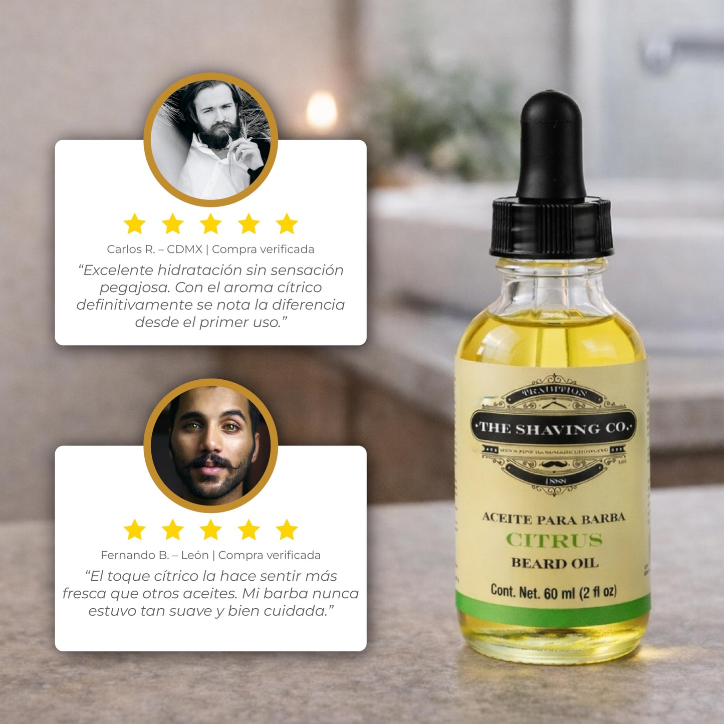 THE SHAVING CO. Aceite para Barba Citrus 60ml/2oz. Nutre, Humecta e Hidrata tu Barba desde la raíz. Hecho especialmente a mano con ingredientes Premium 100% naturales, No contiene alcohol. Libre de Sulfatos y Libre de Parabenos. CITRUS BEARD OIL.