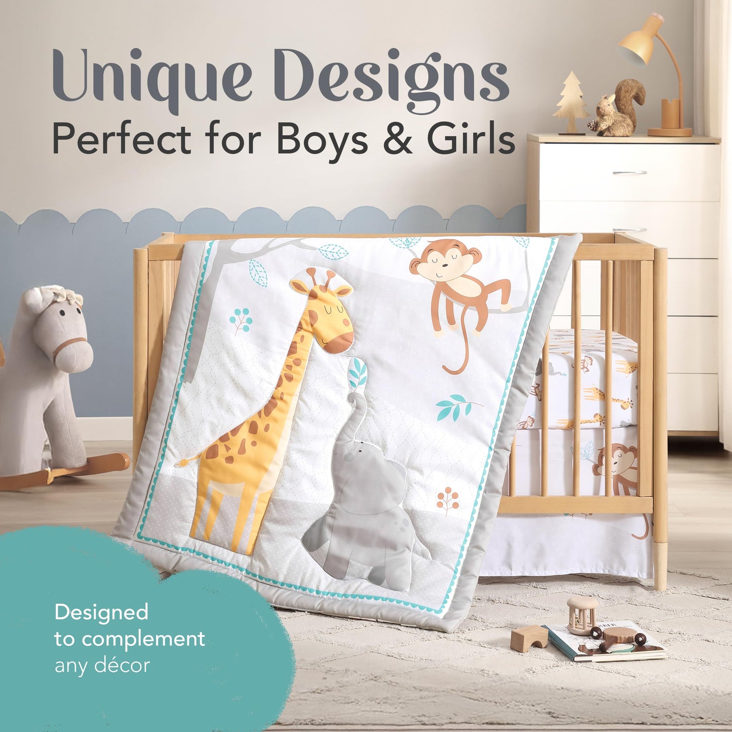 El juego de cama de 3 piezas para cuna de The Hōmistry para niños y niñas - Edredón reversible, sábana ajustada, falda de cuna - Juego de ropa de cama para cuna de microfibra suave, transpirable y