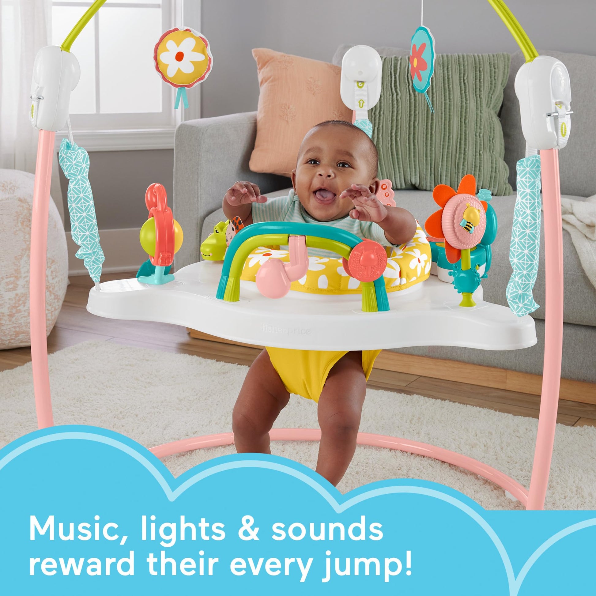 Fisher-Price Baby Bouncer Centro de actividades Blooming Fun Jumperoo con luces musicales y juguetes de desarrollo para bebés