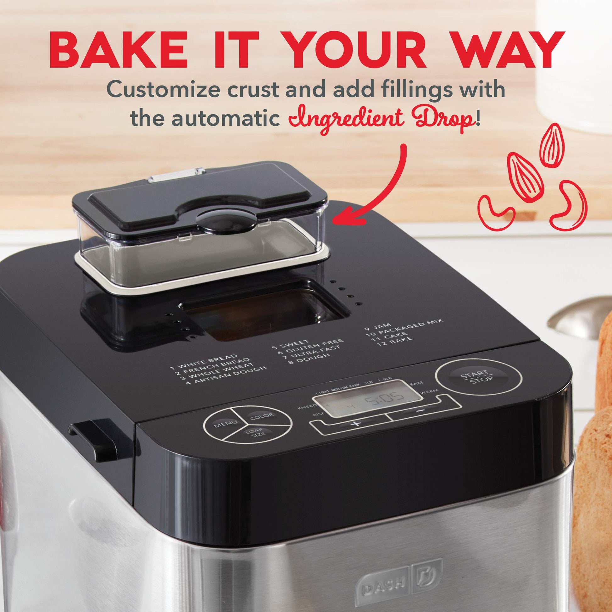 Dash Everyday - Máquina para hacer pan de acero inoxidable, hasta 1.5 libras, programable, 12 ajustes + dispensador de llenado automático sin gluten y sin gluten, color negro