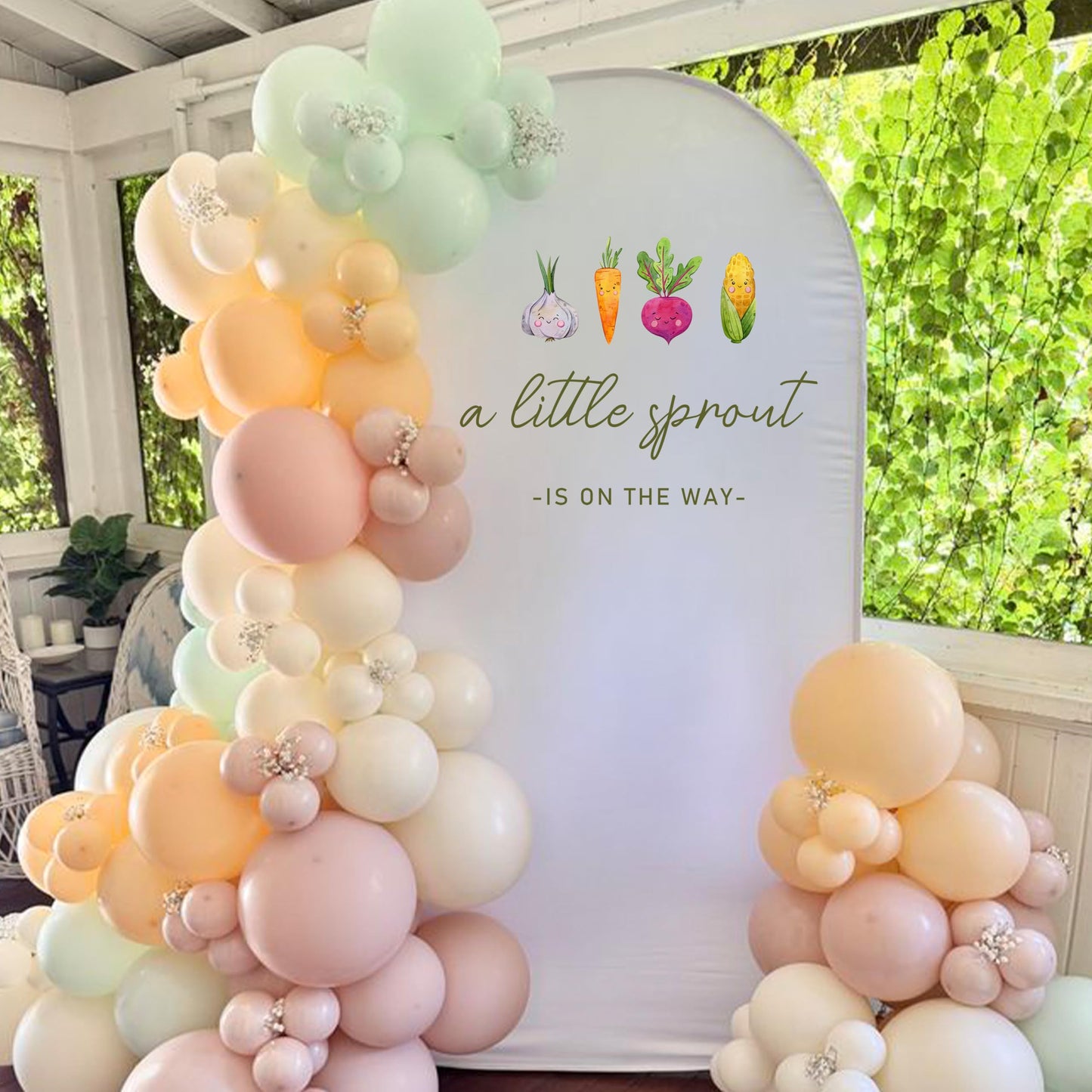 KIETKIE - Calcomanía de pared para baby shower de Little Sprout – ilustraciones vegetales de granja y escritura rústica, telón de fondo de baby shower neutro para cosecha de otoño y fiestas temáticas