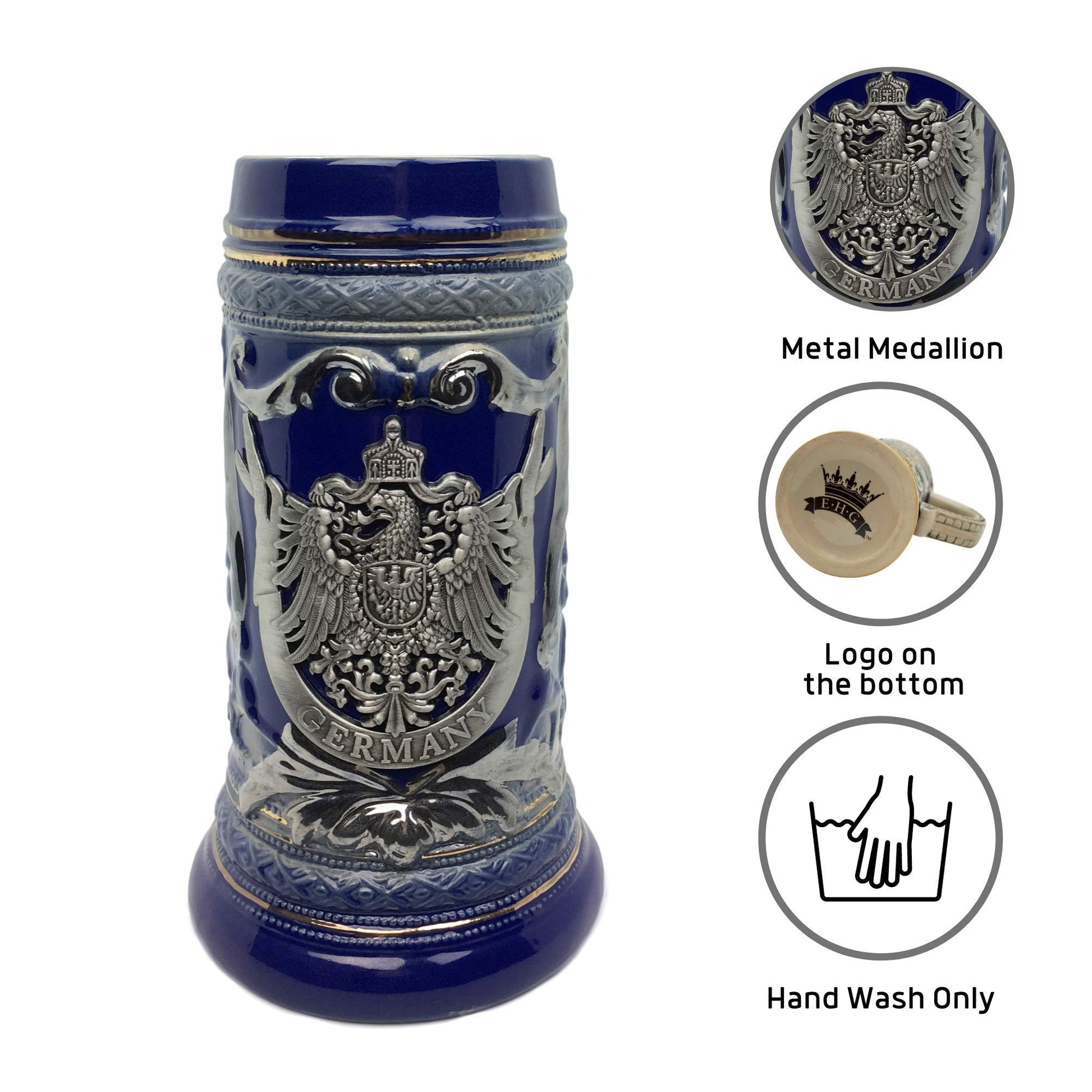 Taza de Cerveza OktoberfestHaus Azul Cobalto con Emblema de Metal para Hombre