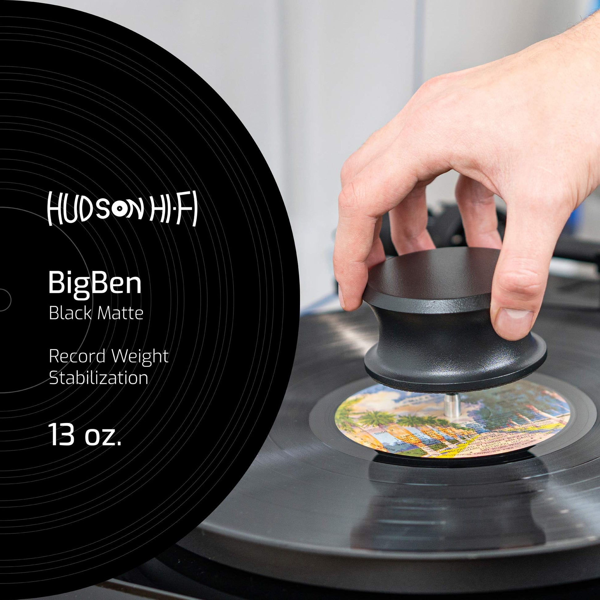 Hudson Hi-Fi BigBen - Estabilizador de peso de registro con almohadilla protectora de piel, peso de vinilo de 13 onzas, estabilizador de peso de placa giratoria de acero sólido, accesorios de disco de