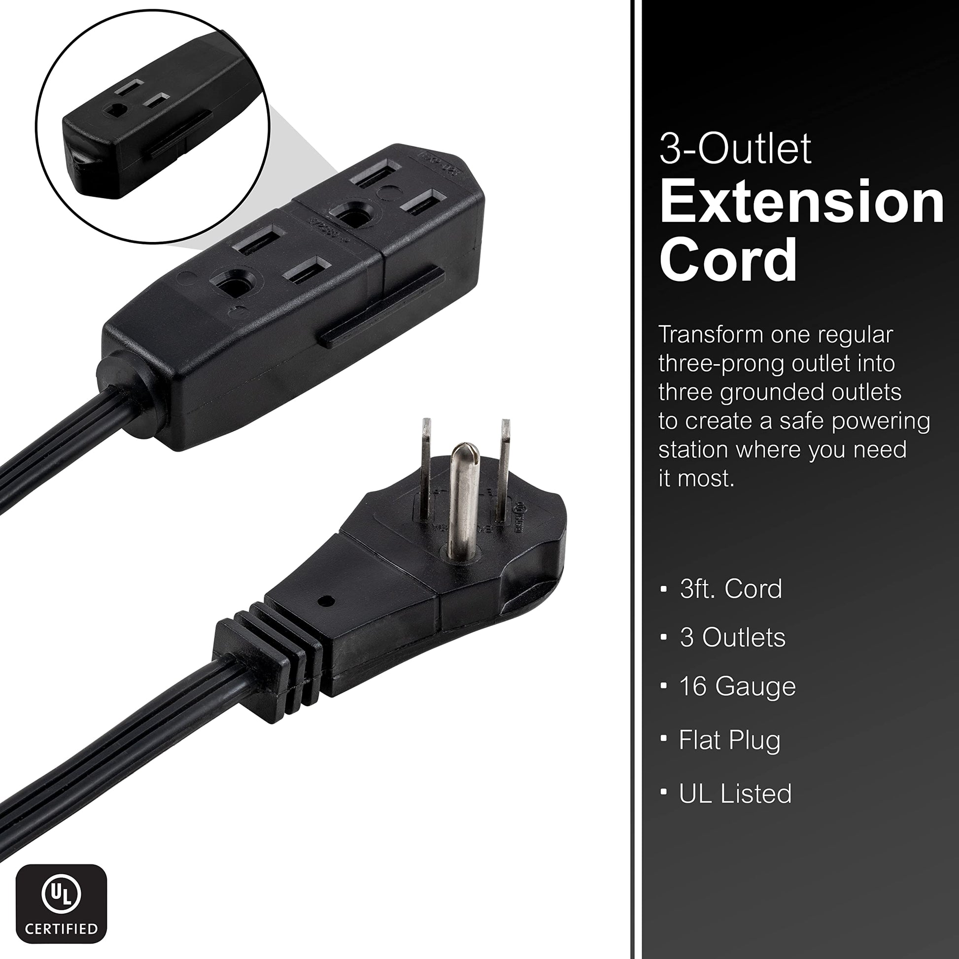 GE 69877 - Cable de extensión Plano de 3 tomacorrientes con múltiples tomacorrientes, Extensor de Salida de 3 Clavijas, Enchufe Plano para Interiores, Calibre 16, certificación UL, Negro