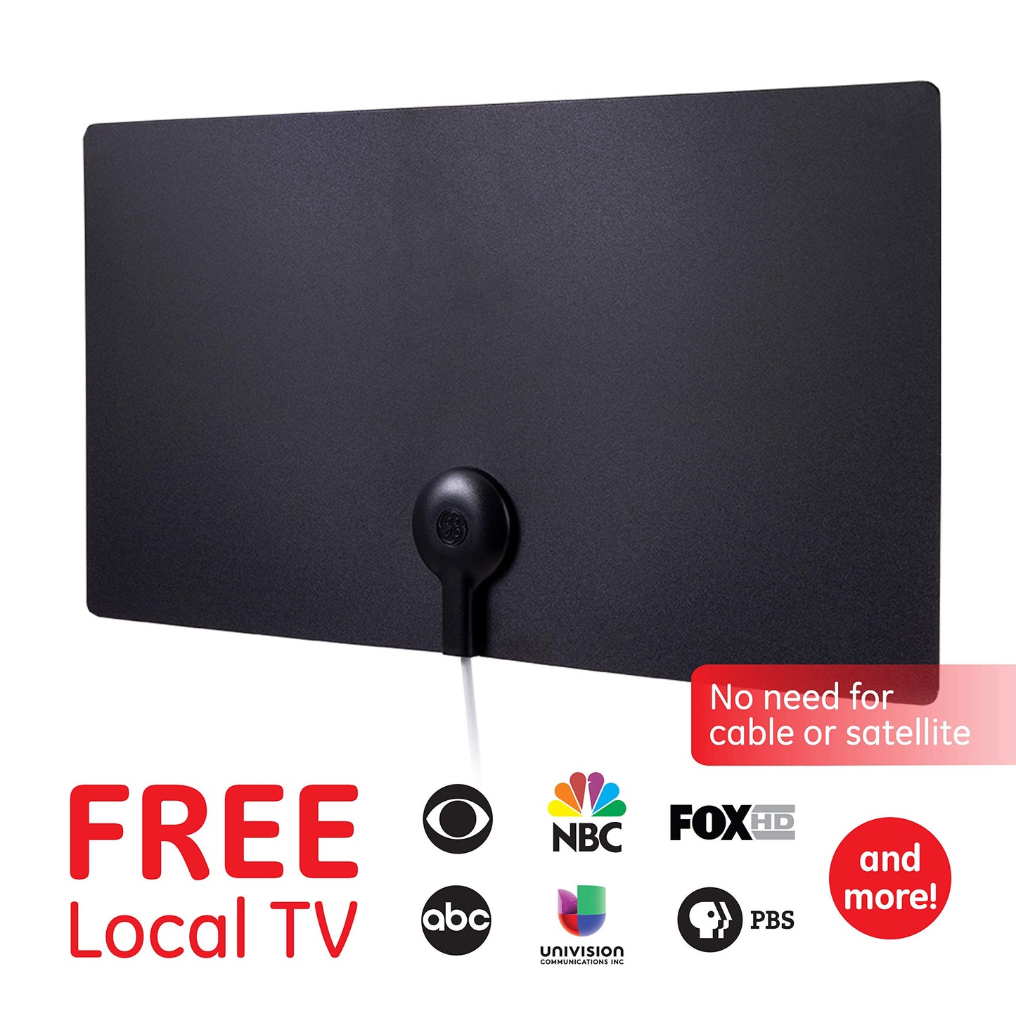 GE Antena de TV Interior Ultra Edge, Negro, Blanco, 4K 1080P VHF UHF, Antena de Largo Alcance, Digital, Antena HDTV, Compatible con Smart TV, Cable coaxial de 6 pies, 11264