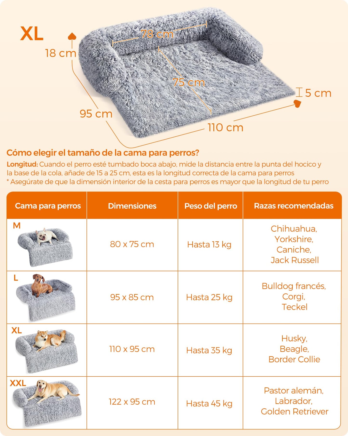 Feandrea Cama para Perros, Funda Protectora para Sofá, 110 x 95 x 18 cm, Tela de Felpa, XL, para Perros Medianos y Grandes,Gris Ombré MPGW223G01
