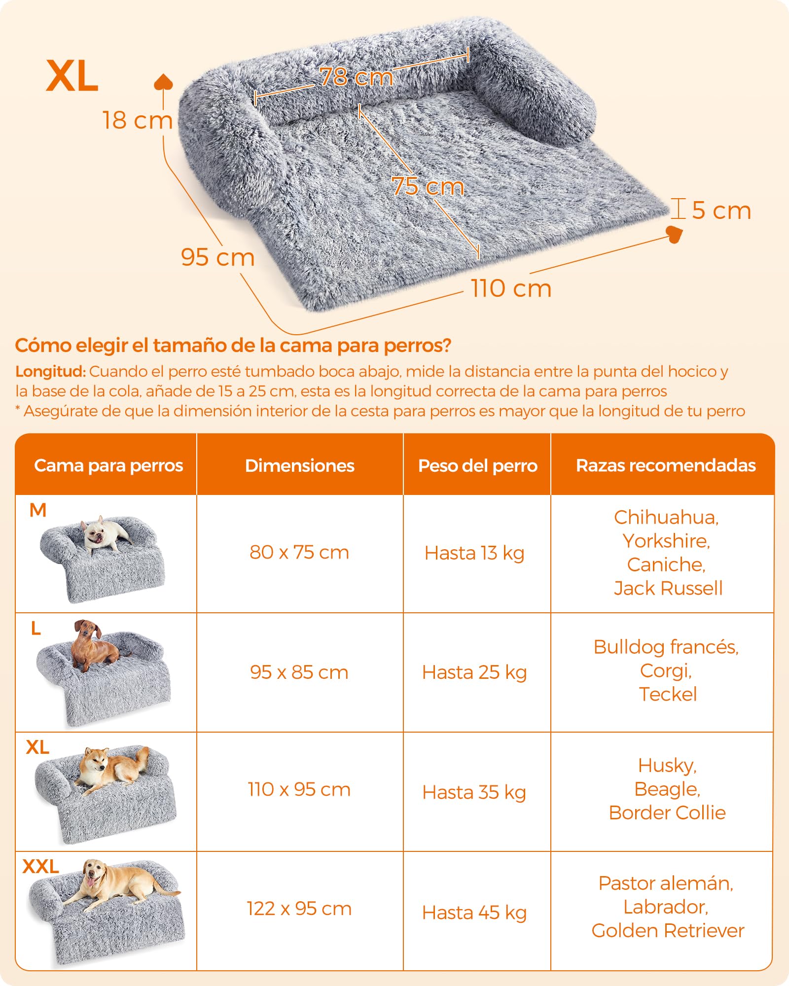 Feandrea Cama para Perros, Funda Protectora para Sofá, 110 x 95 x 18 cm, Tela de Felpa, XL, para Perros Medianos y Grandes,Gris Ombré MPGW223G01