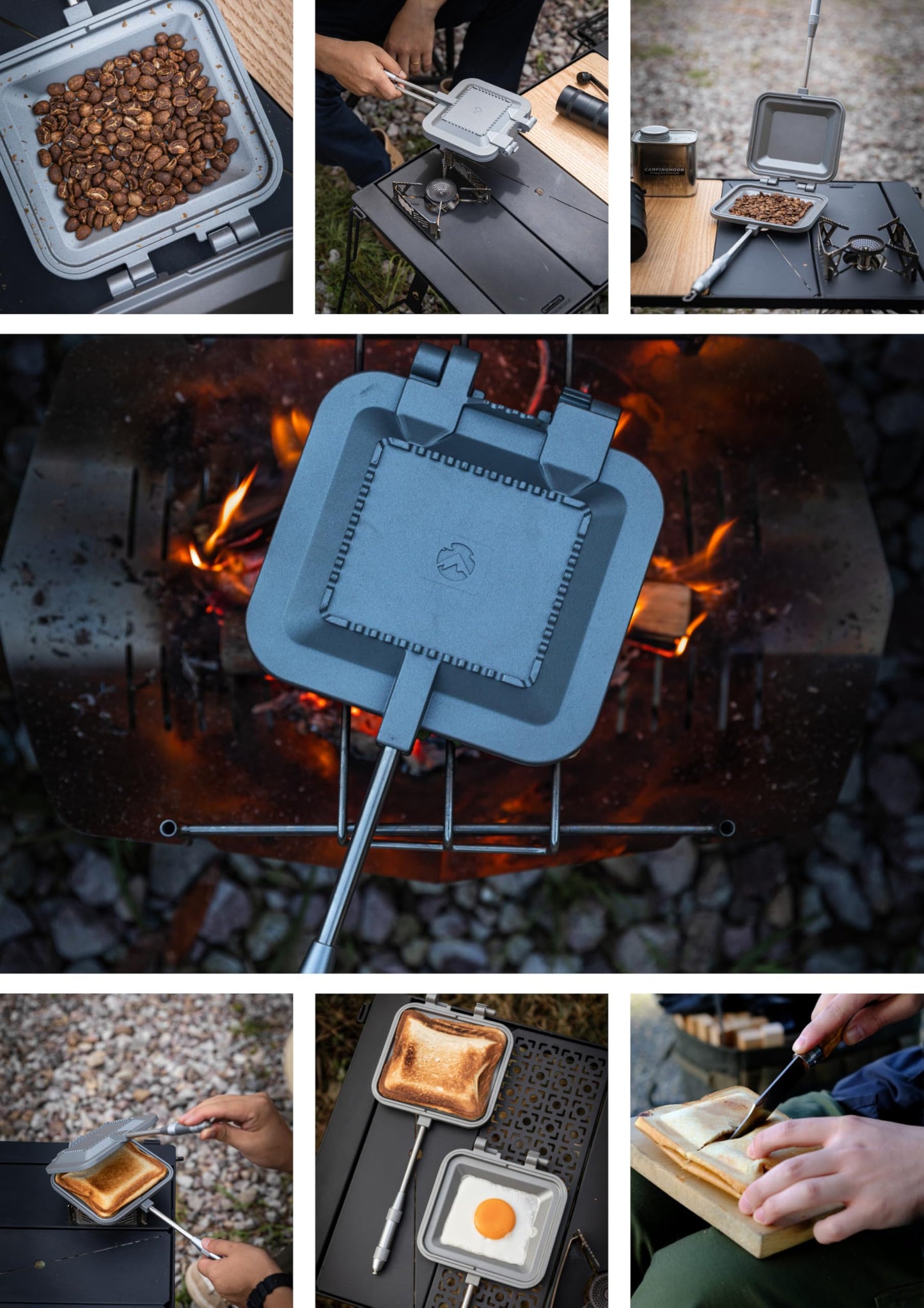 Camping Moon Sandwichera de arena caliente de un solo quemador de gas, fuego abierto, aluminio compacto TT-1315 (plata con bolsa)