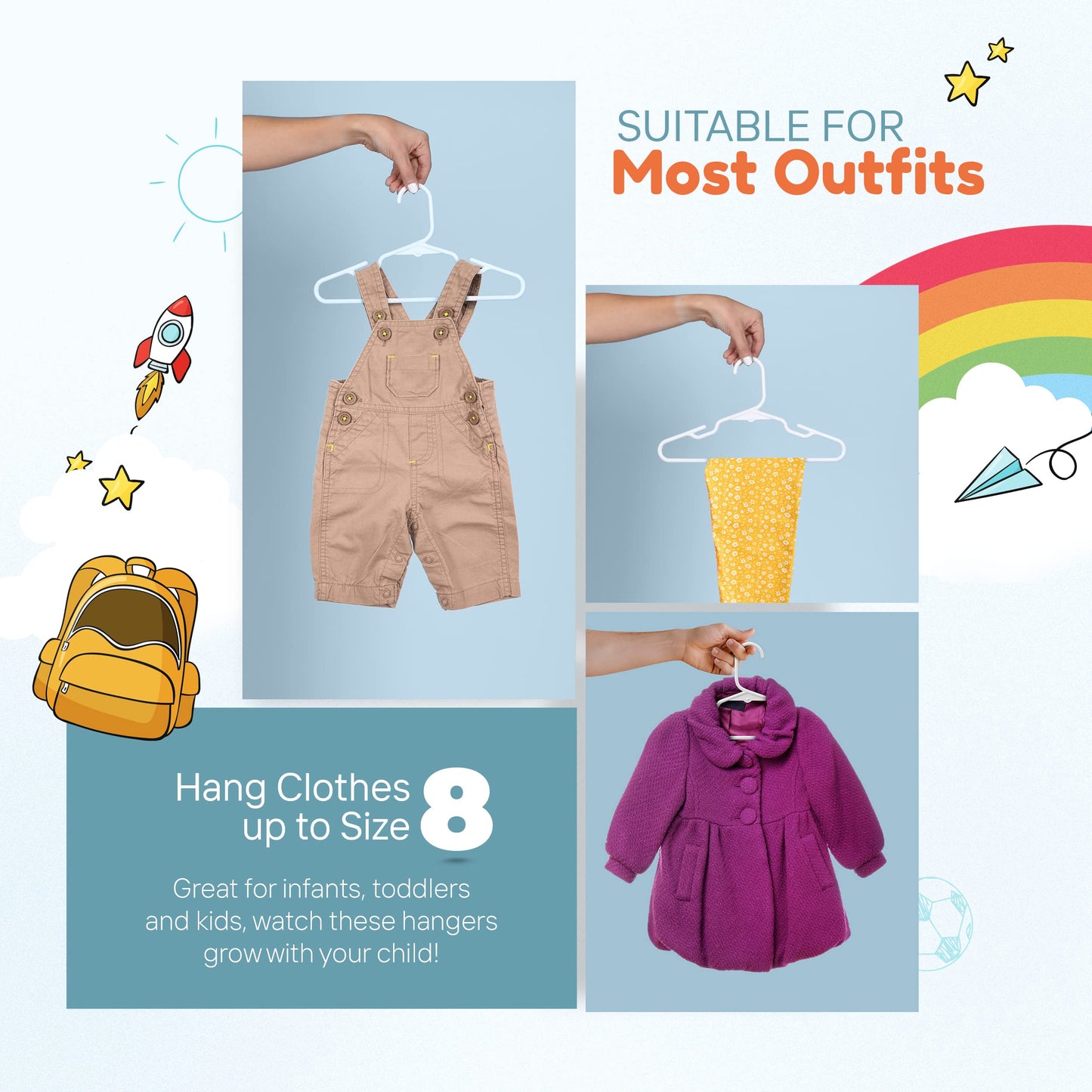 Neaties - Perchas de plástico para niños de 12 pulgadas, paquete de 50 unidades (60 unidades) – Fabricado en los Estados Unidos – Perchas de ropa para bebés y niños pequeños de 5 libras con muescas y