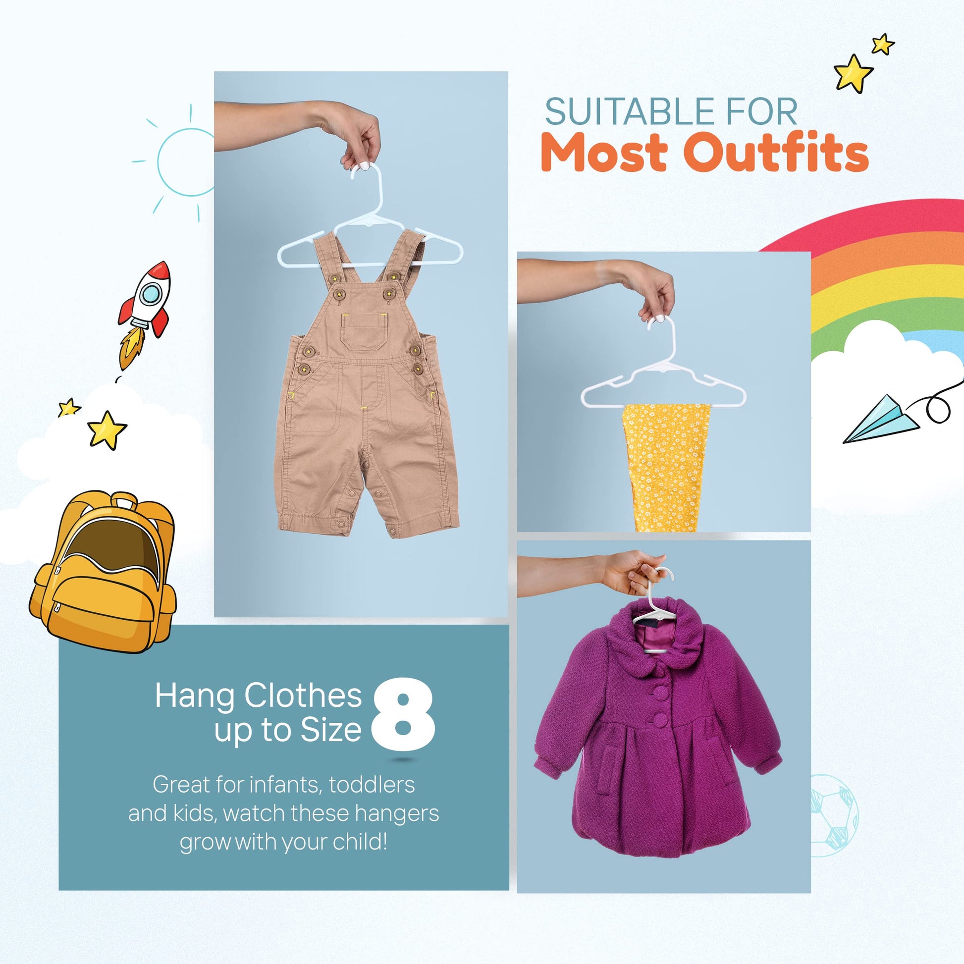 Neaties - Perchas de plástico para niños de 12 pulgadas, paquete de 50 unidades (60 unidades) – Fabricado en los Estados Unidos – Perchas de ropa para bebés y niños pequeños de 5 libras con muescas y