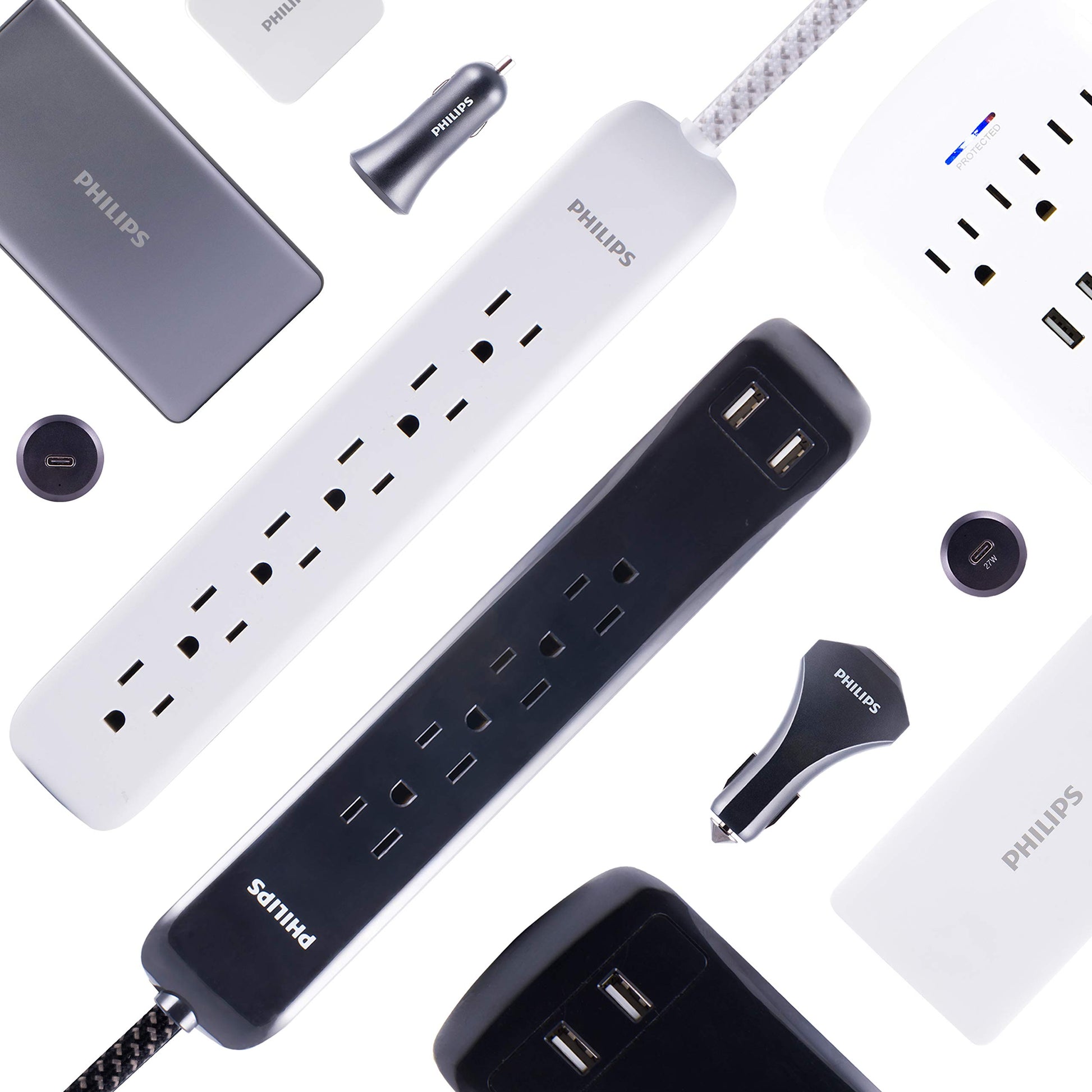 PHILIPS Protector contra sobretensiones de regleta de 4 Salidas con 2 Puertos USB, Cable de alimentación de 1,2 m, Enchufe Plano, 720 Julios, Blanco, SPC6244WCT1 / 37