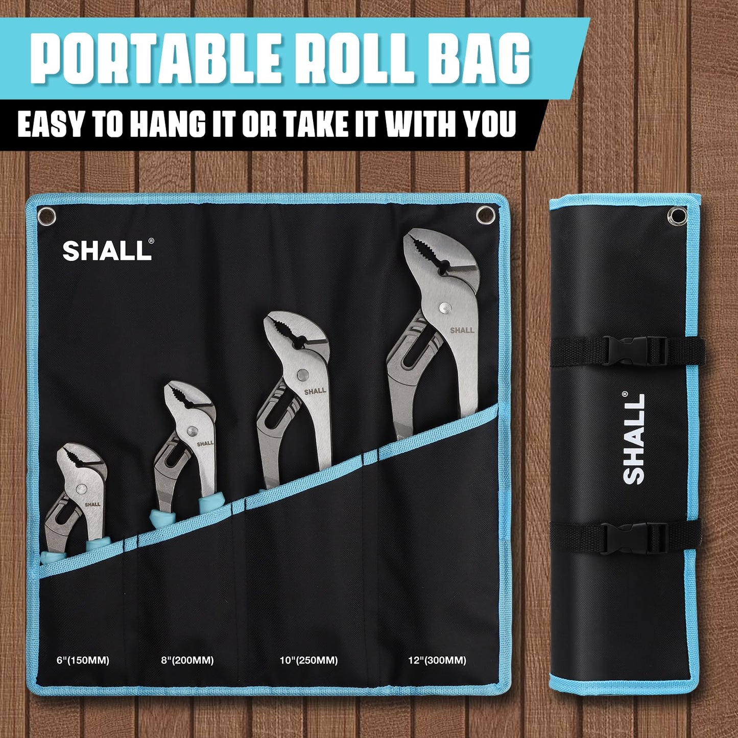 SHALL - Juego de alicates de 4 piezas, 12/10/8/6 pulgadas ajustables para bomba de agua con agarre de cojín, alicates de lengüeta y ranura con bolsa de rollo de herramientas para reparación del hogar,
