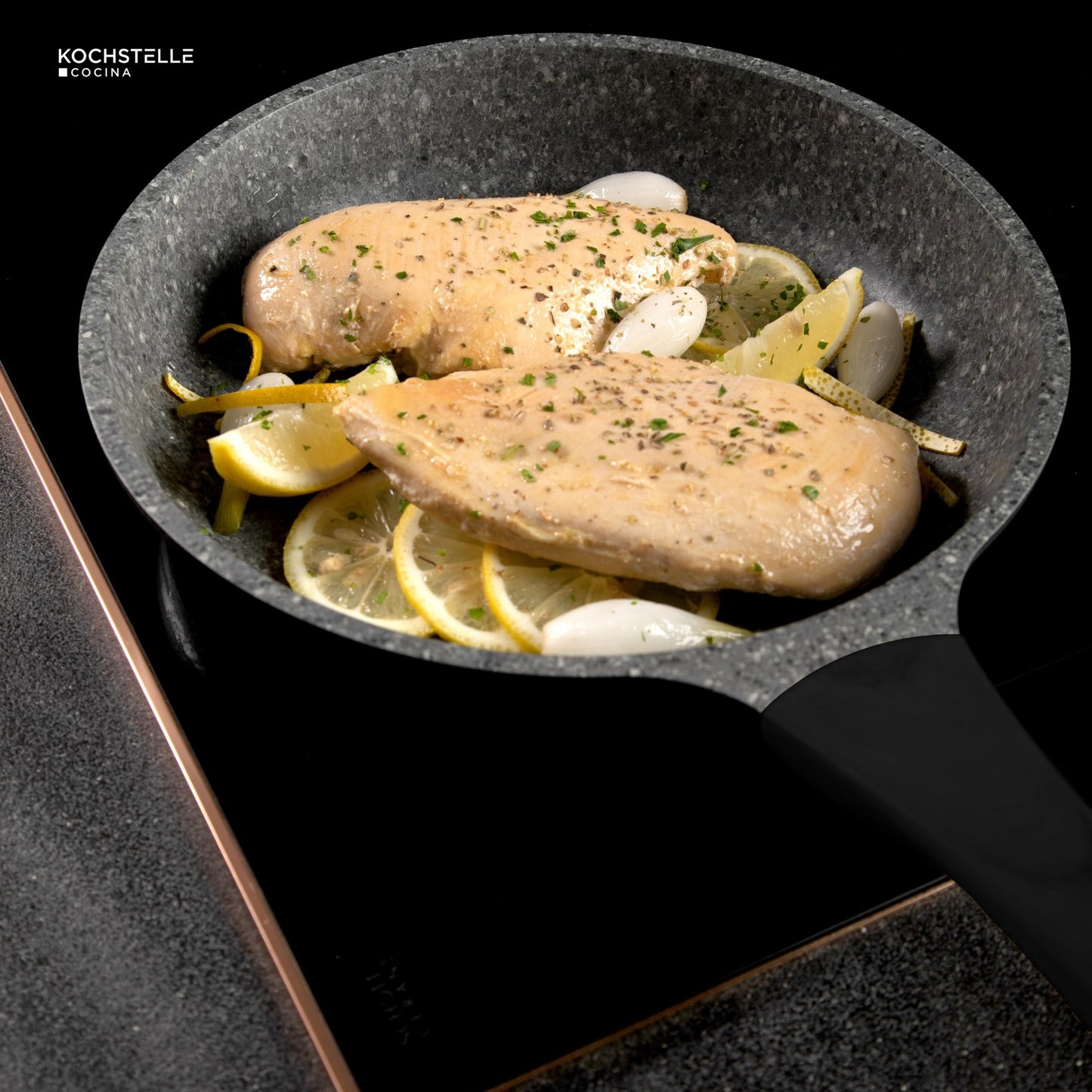 KOCHSTELLE - Set de 3 Sartenes Antiadherentes Marca Kochstelle, Aluminio Inoxidable con Revestimiento de Granito, 20, 24 y 28 cm - Sin Tóxicos, Mango de Silicona, Compatible con Inducción y Gas.