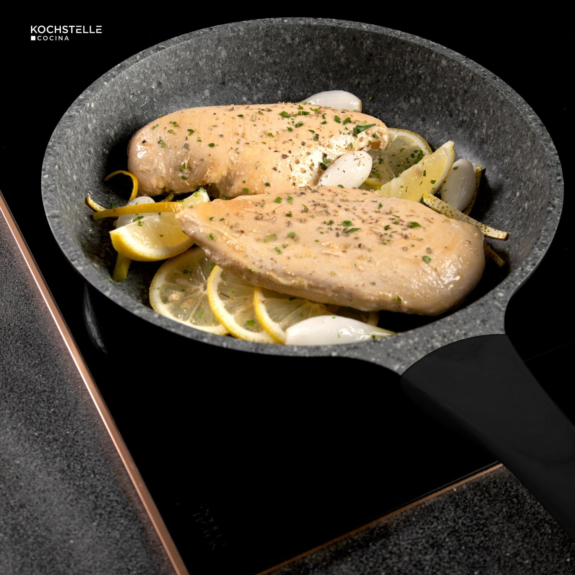 KOCHSTELLE - Set de 3 Sartenes Antiadherentes Marca Kochstelle, Aluminio Inoxidable con Revestimiento de Granito, 20, 24 y 28 cm - Sin Tóxicos, Mango de Silicona, Compatible con Inducción y Gas.