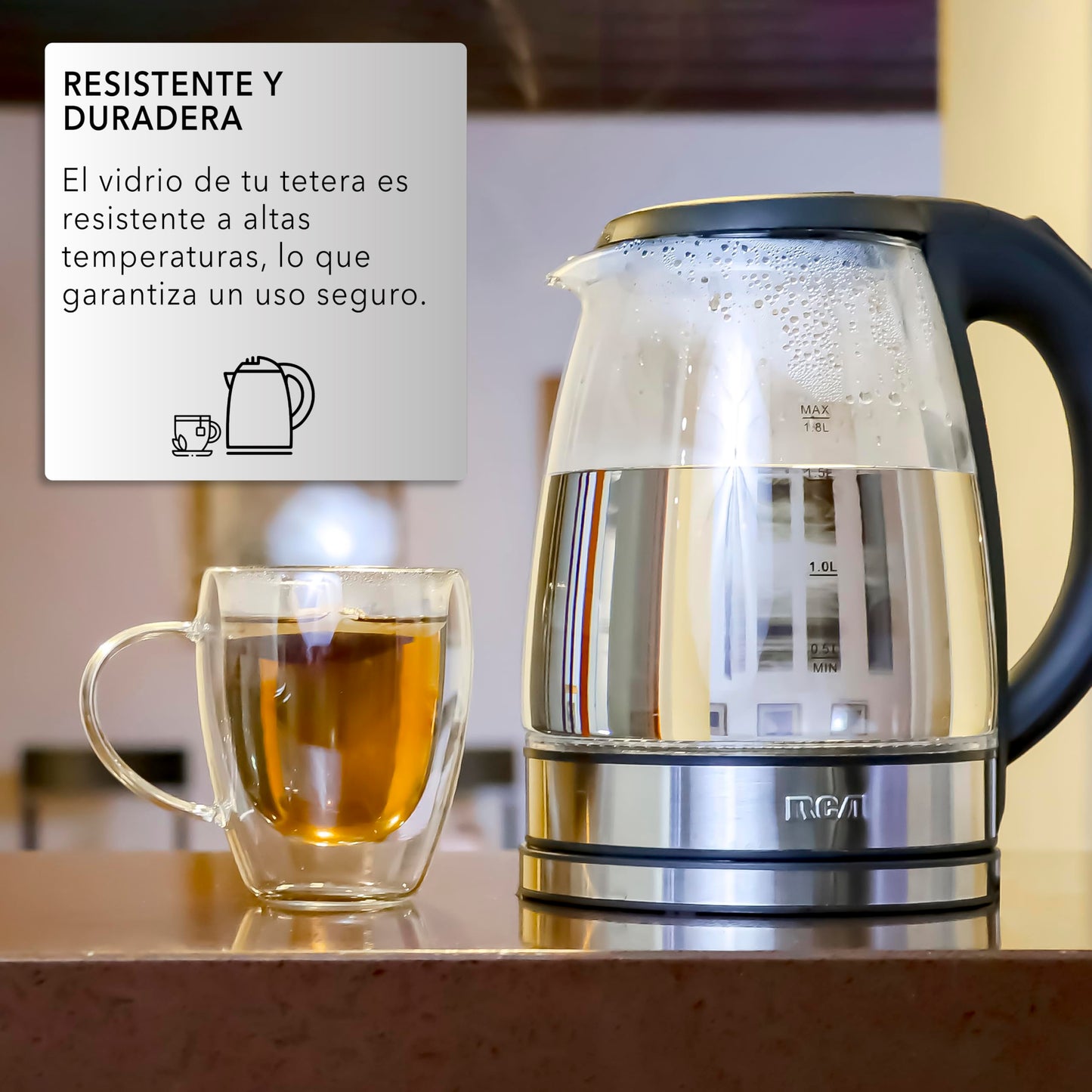 Tetera Eléctrica RCA Vidrio LED 1.8L con Apagado Automático y Protecciones.
