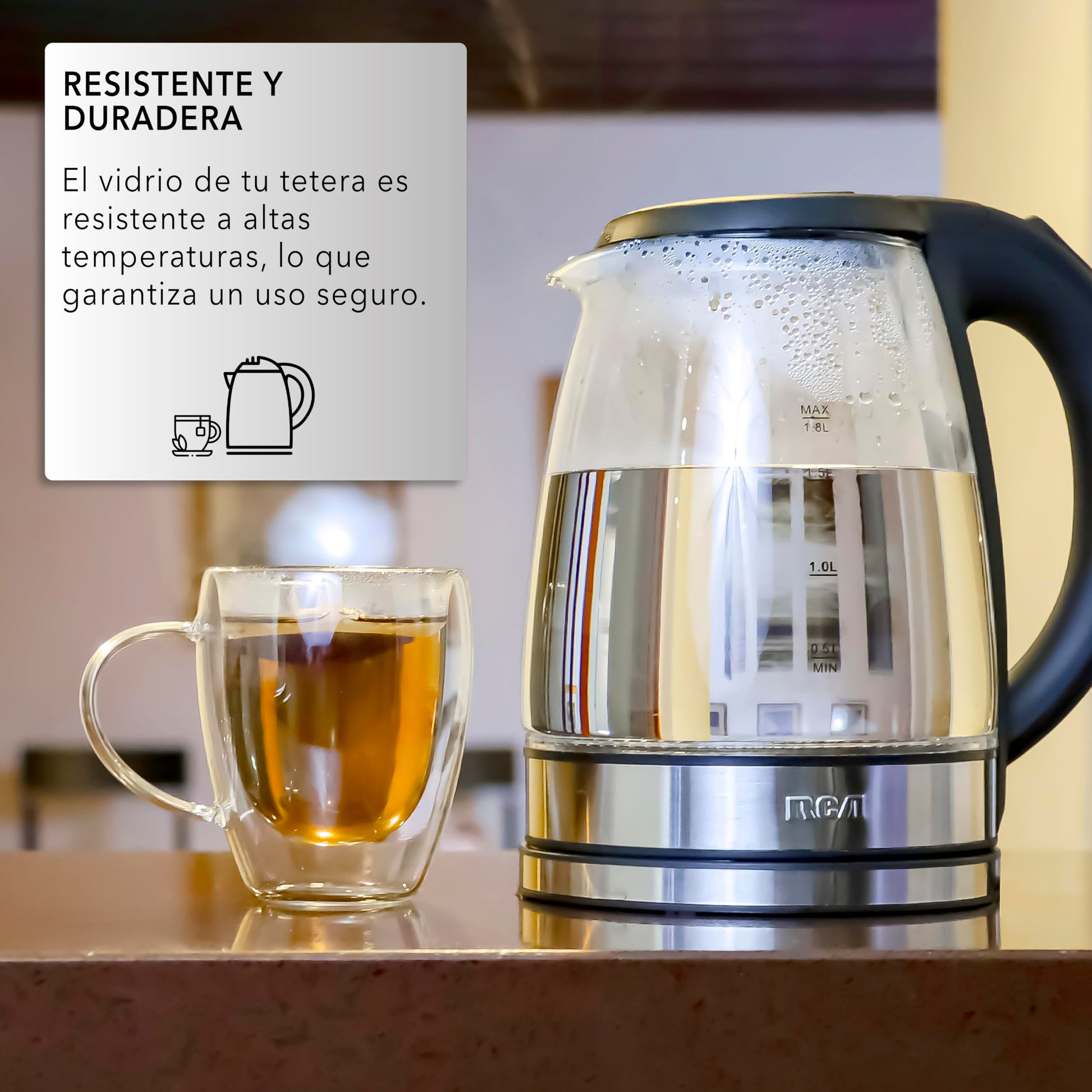 Tetera Eléctrica RCA Vidrio LED 1.8L con Apagado Automático y Protecciones.