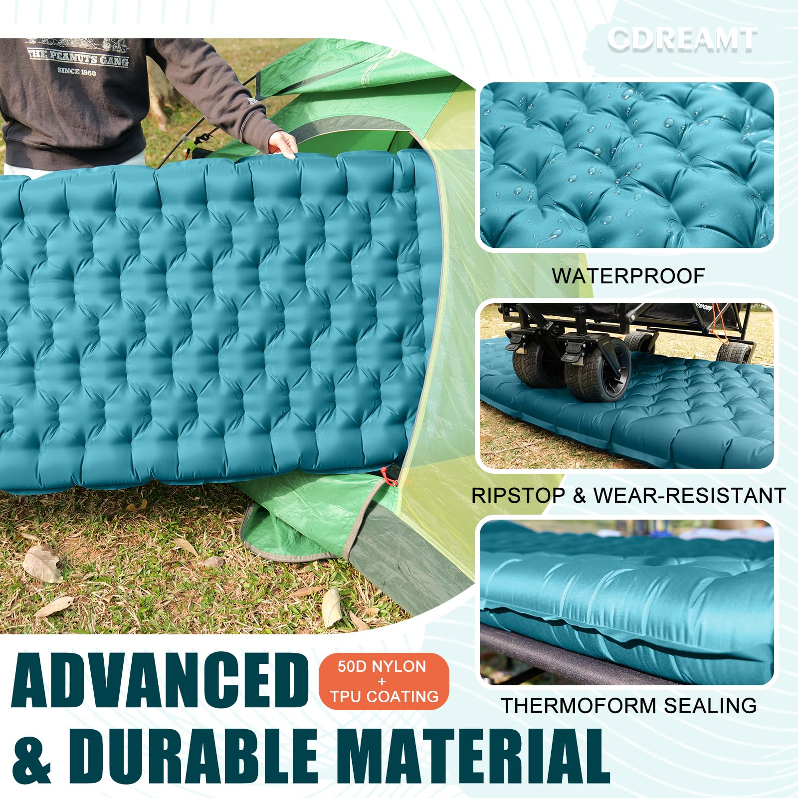GDREAMT - Almohadilla de dormir inflable para acampar con almohada, grosor extra de 4 pulgadas con bomba integrada, colchón de aire compacto y ultraligero para mochileros, senderismo, tienda de