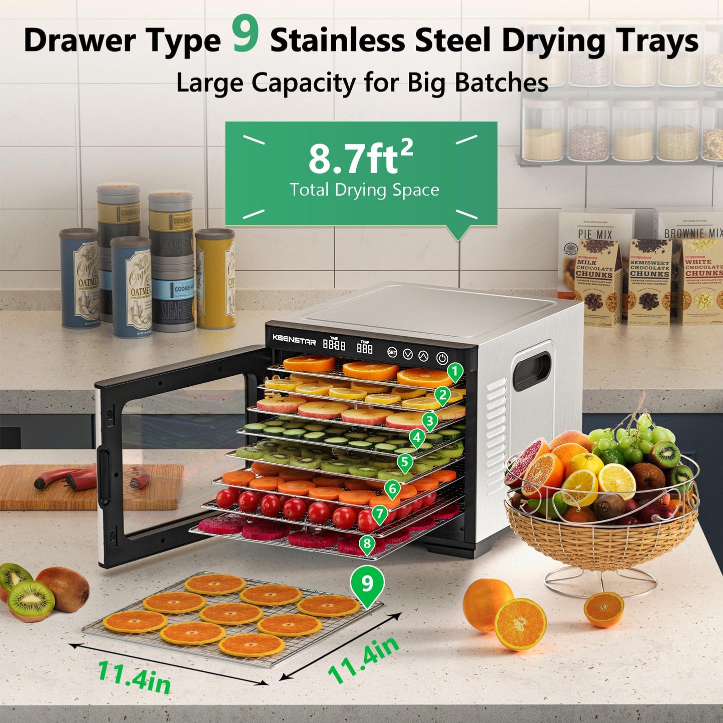 Deshidratador de alimentos para Jerky 1000 W, 9 bandejas de acero inoxidable, control de temperatura de 160 °F, espacio de secado de 8.7 pies cuadrados, temporizador de 48 horas, máquina secadora para