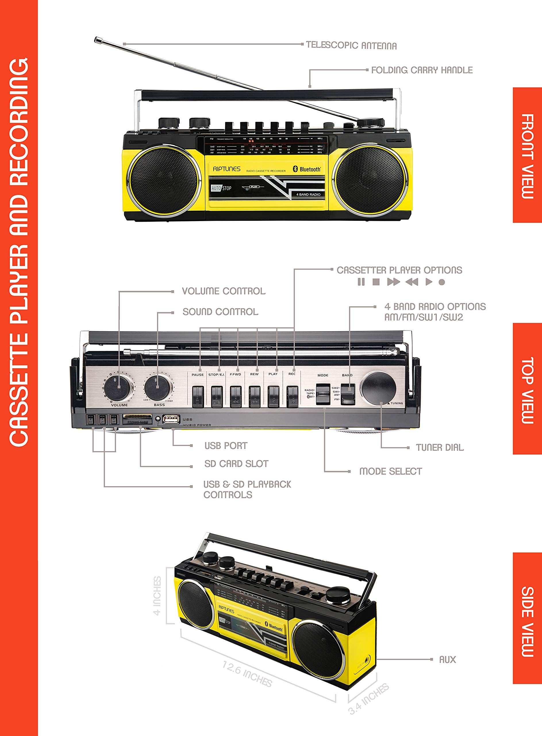 Reproductor Cassette Radio Onda Corta Riptunes Amarillo Mediano