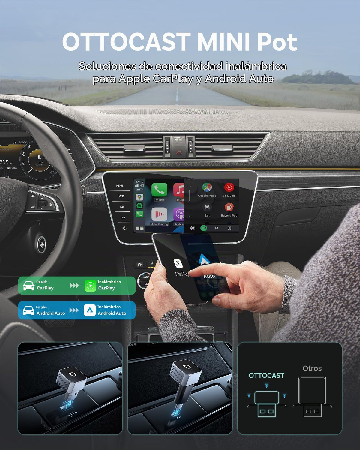 Adaptador Inalámbrico OTTOCAST Mini Pot 2025 Blanco WiFi 5 GHz Plug & Play para iPhone y Android en Coches OEM para Hombre y Mujer